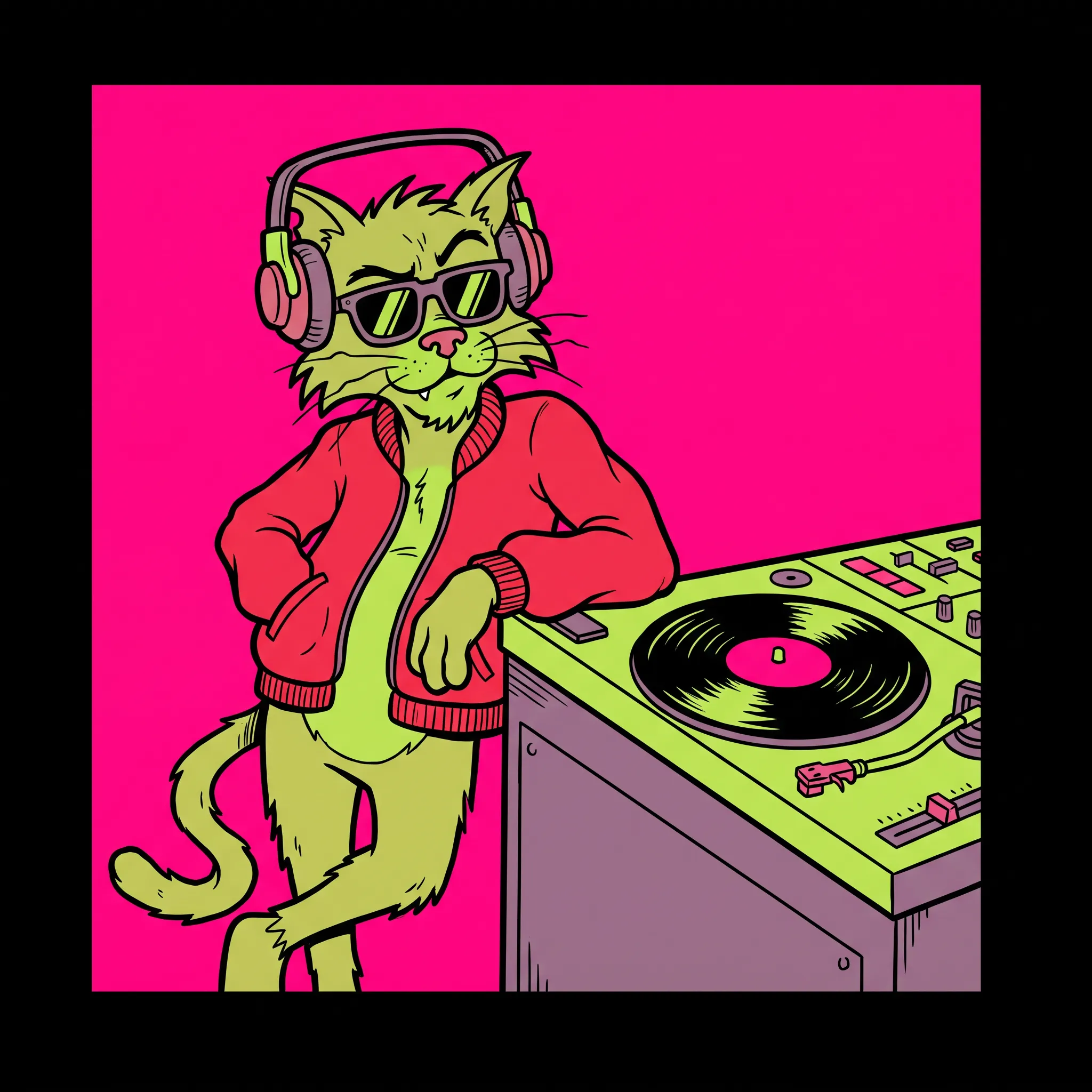 Record sleeve art of a lanky alley cat DJ leaning on a turntable, Panty and Stocking art style