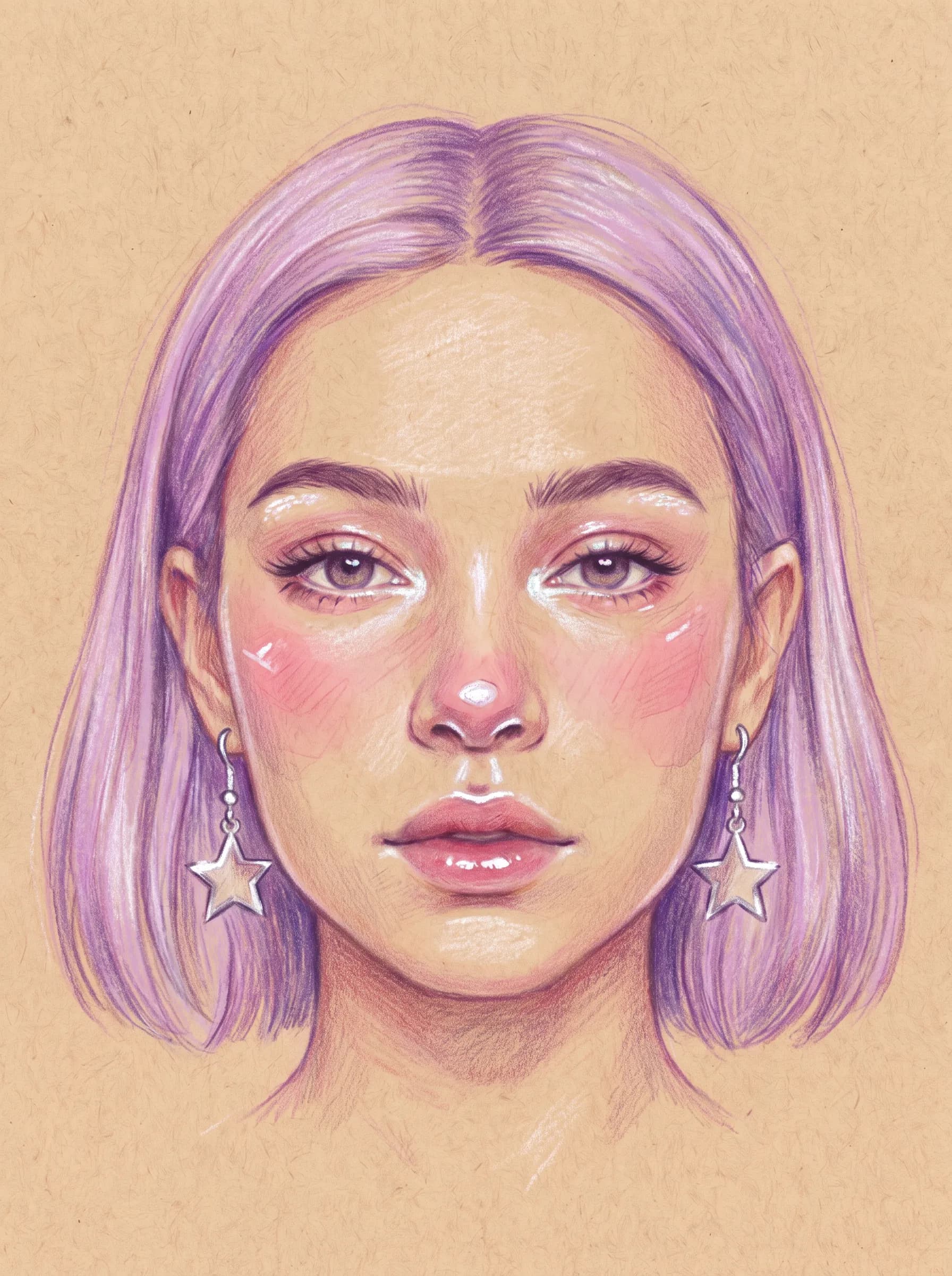 Colored pencil drawing on toned tan paper of a young woman with a lilac bob and silver star earrings in jelly art style