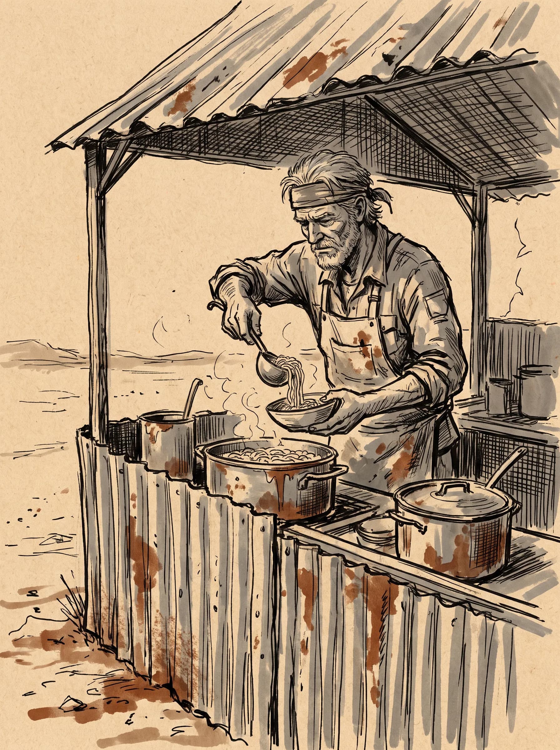 Ink concept sketch of a gray-haired desert truck-stop cook ladling noodles, Borderlands art style