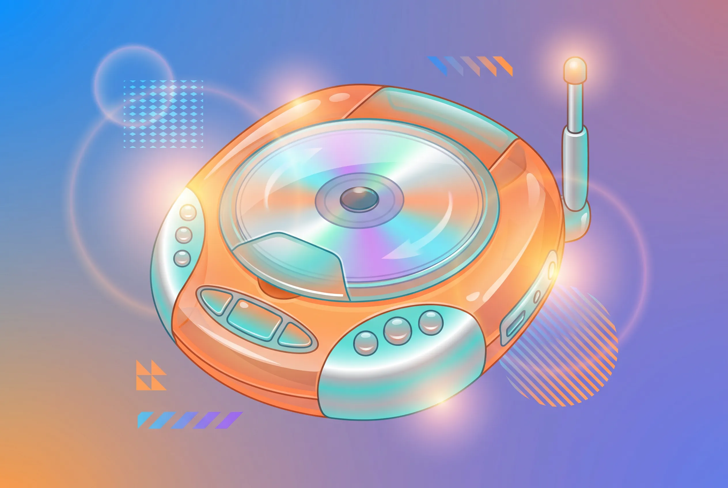 Desktop wallpaper vector illustration of a translucent tangerine portable CD player, Y2K art style