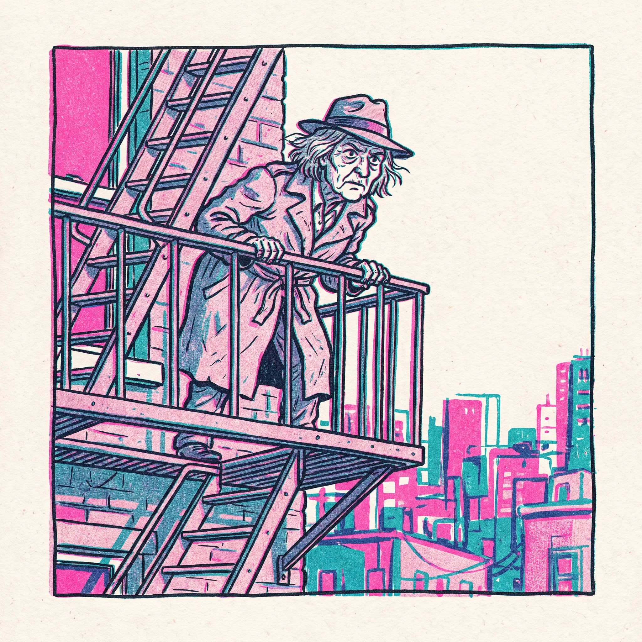 Gray-haired detective on a fire escape, two-color risograph zine comic style