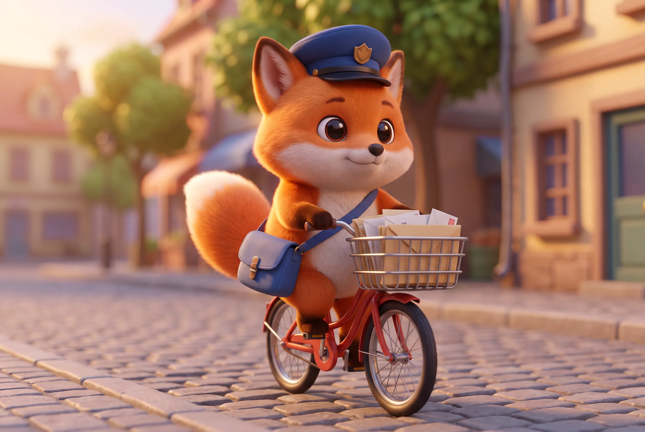 3D computer-animated cartoon of a fox mail carrier on a bicycle