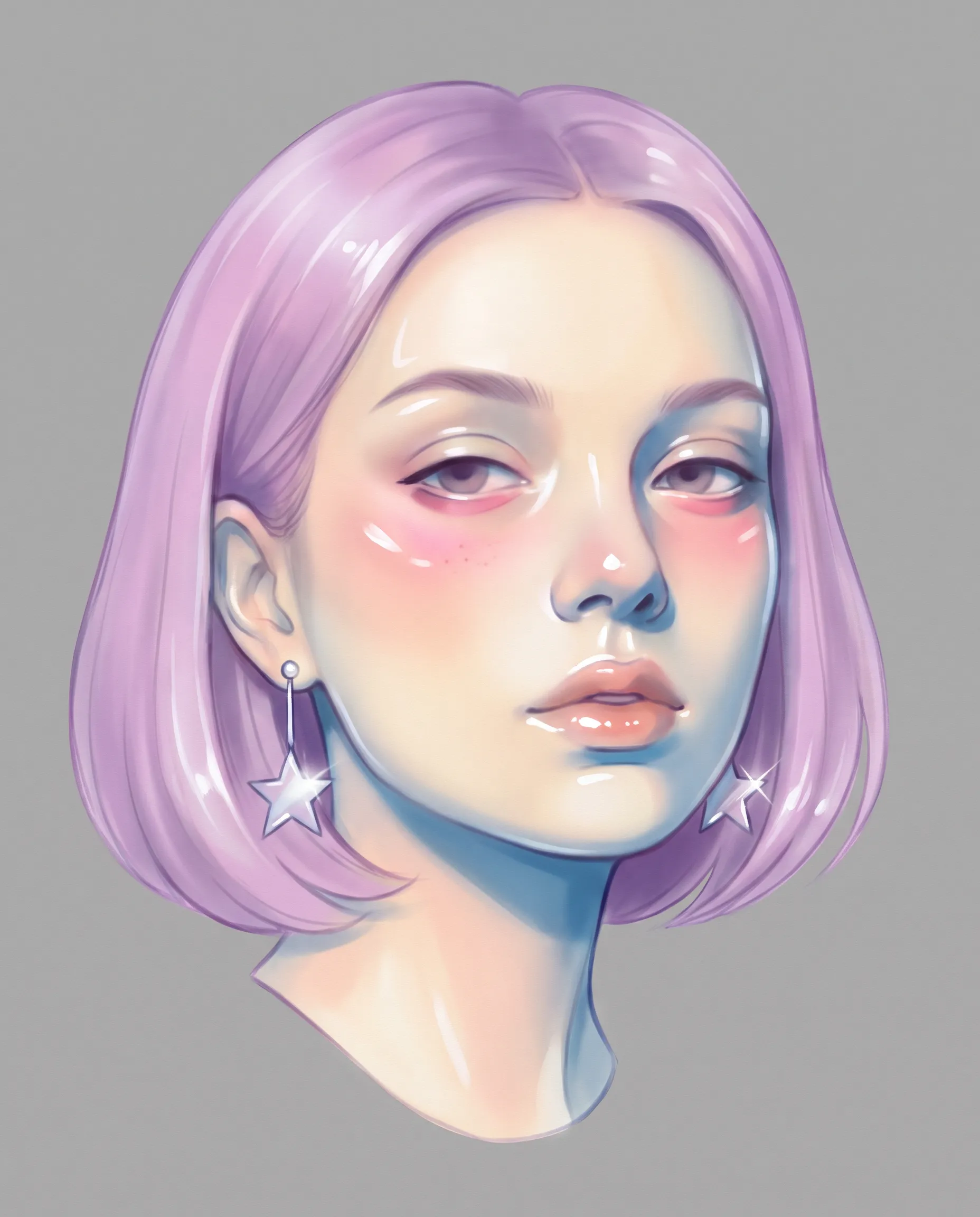 Traditional airbrush painting on illustration board of a young woman with a lilac bob and silver star earrings