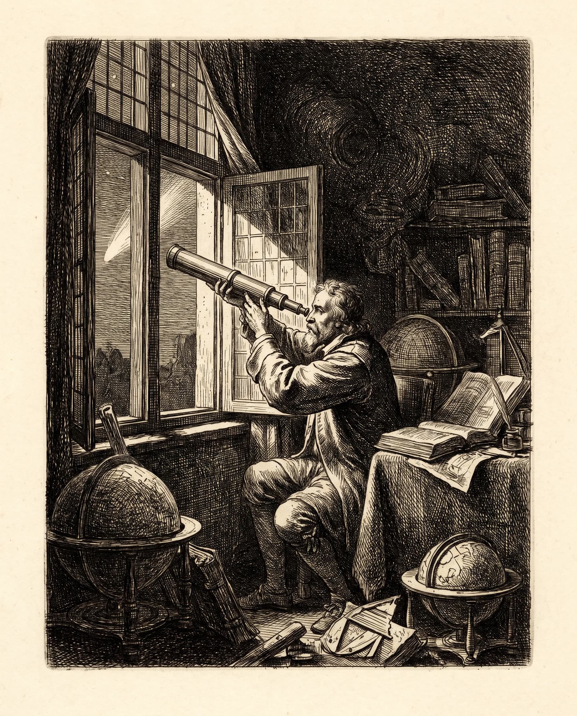 Etching of an astronomer at a window with a telescope and a comet outside, baroque art style