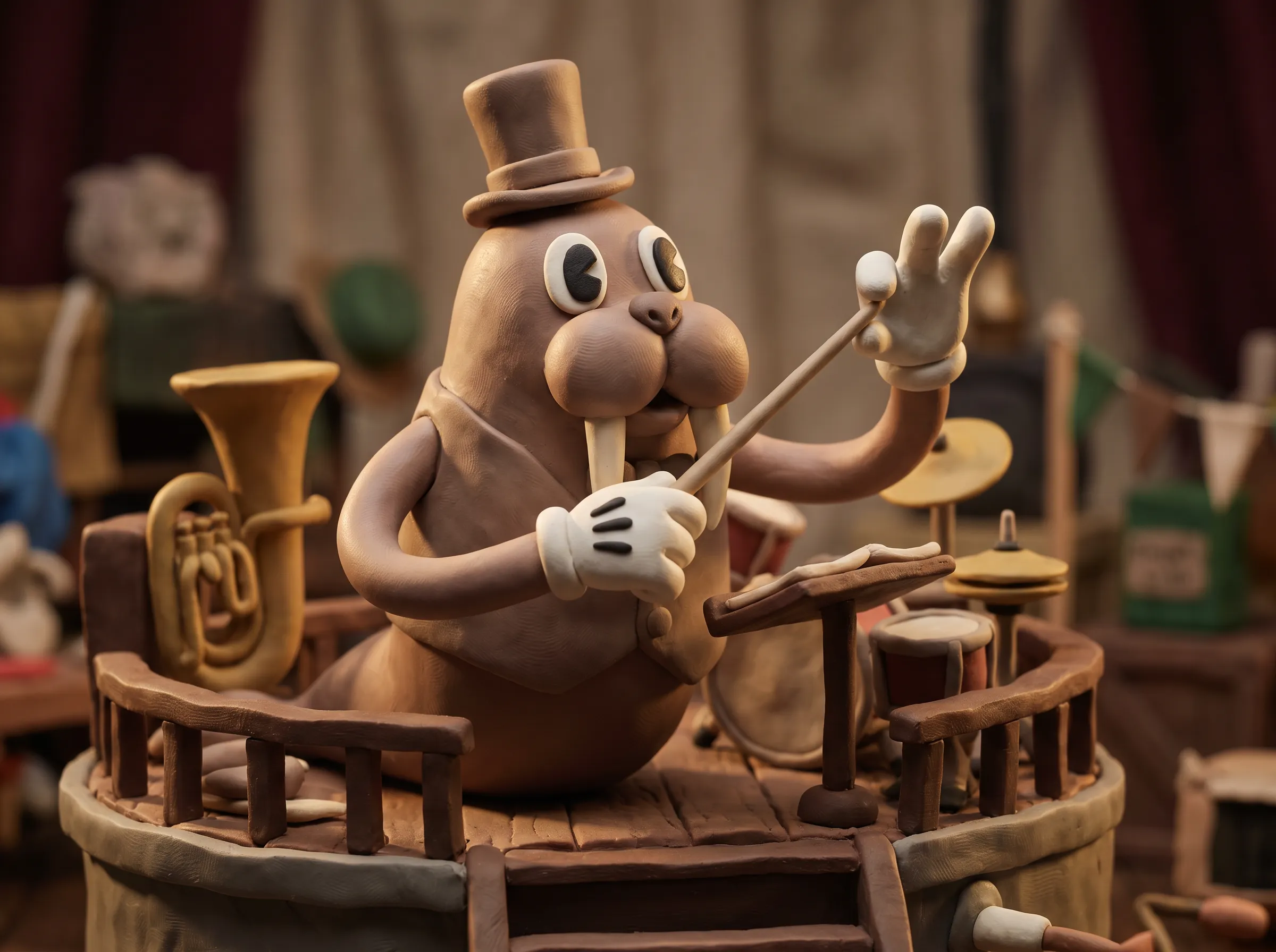 Clay stop-motion walrus bandleader on a tiny bandstand, rubber hose art style