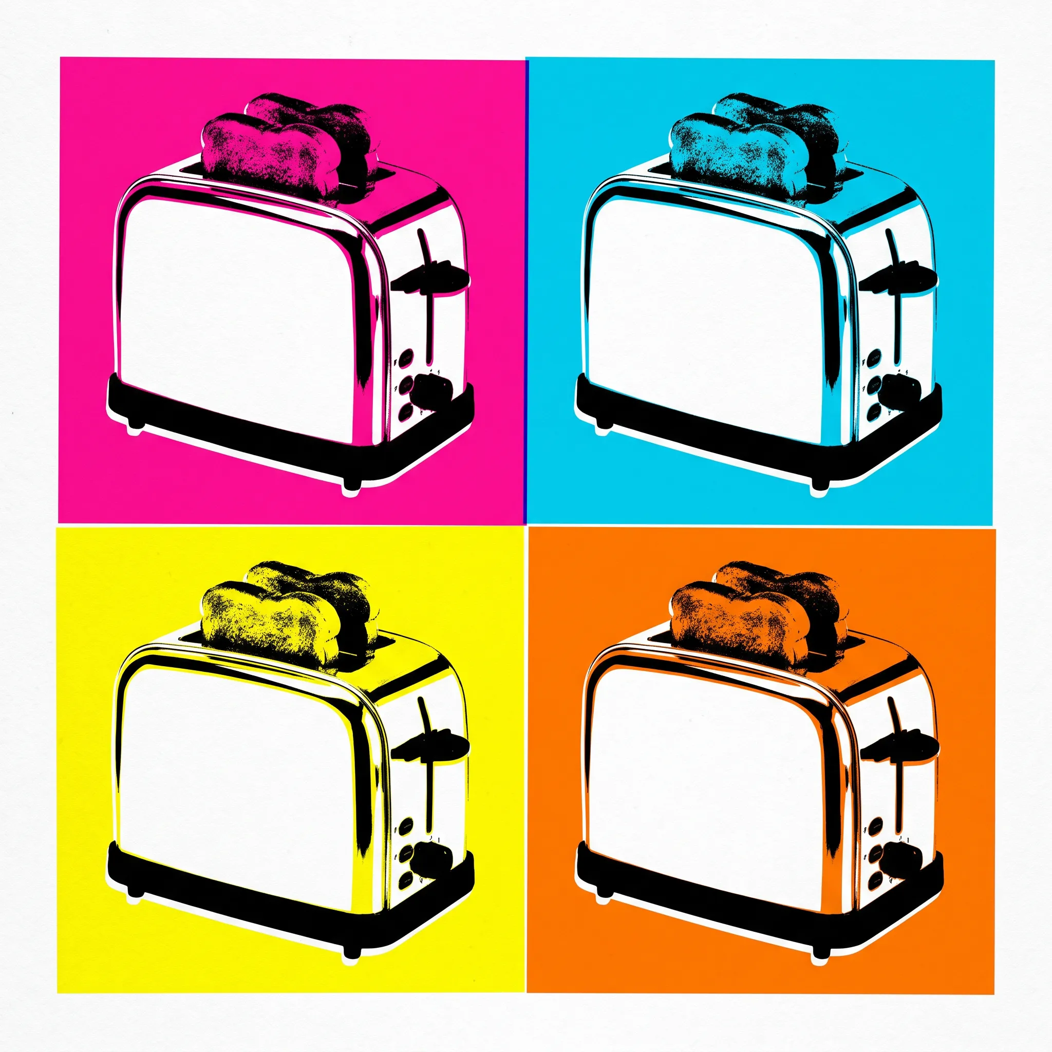 Pop art screen print of a chrome pop-up toaster repeated in a four-panel grid