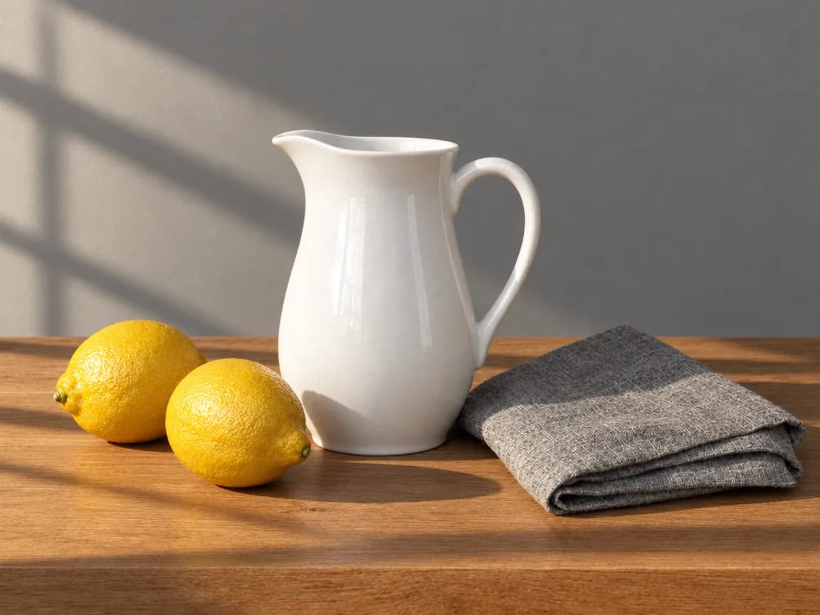 A white ceramic pitcher, two lemons and a folded grey linen cloth on a wooden table, lit by low hard sunlight from the left that casts a window-frame shadow on the grey wall and long shadows to the right