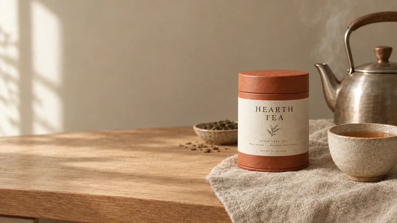 A round terracotta tea tin with a cream HEARTH TEA label on an oak counter with linen, a ceramic cup of tea and a steaming metal kettle, soft window light from the left
