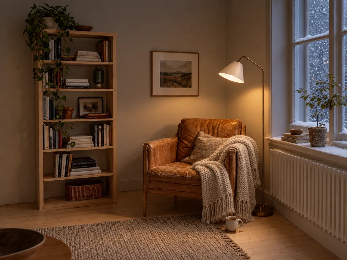 A Scandinavian reading nook at dusk with a lit floor lamp, a tan leather armchair under a cream knit throw, a mug on the floor and snow falling outside a tall window