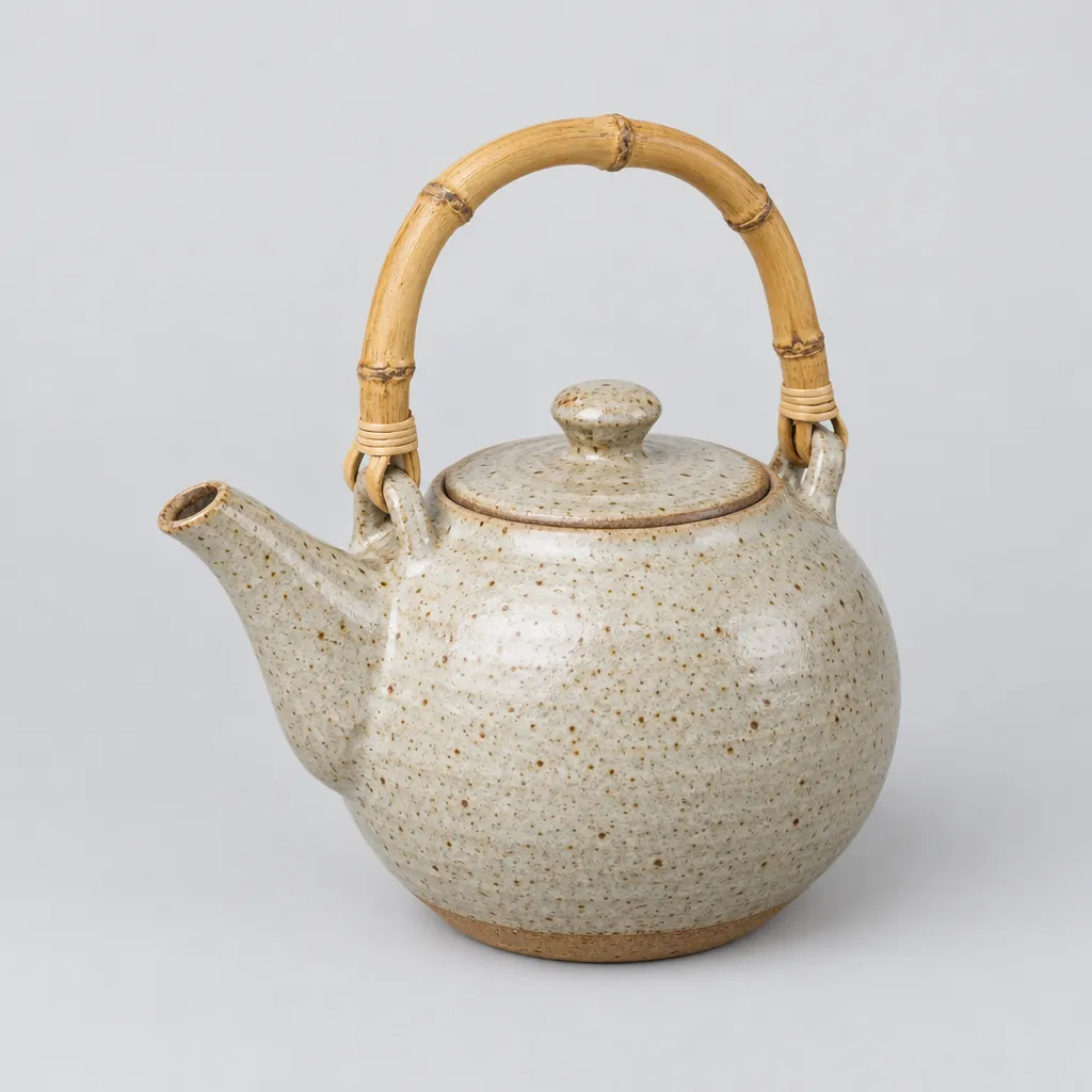 A hand-thrown stoneware teapot with speckled oatmeal glaze and a curved bamboo handle, three-quarter view on a plain light grey background