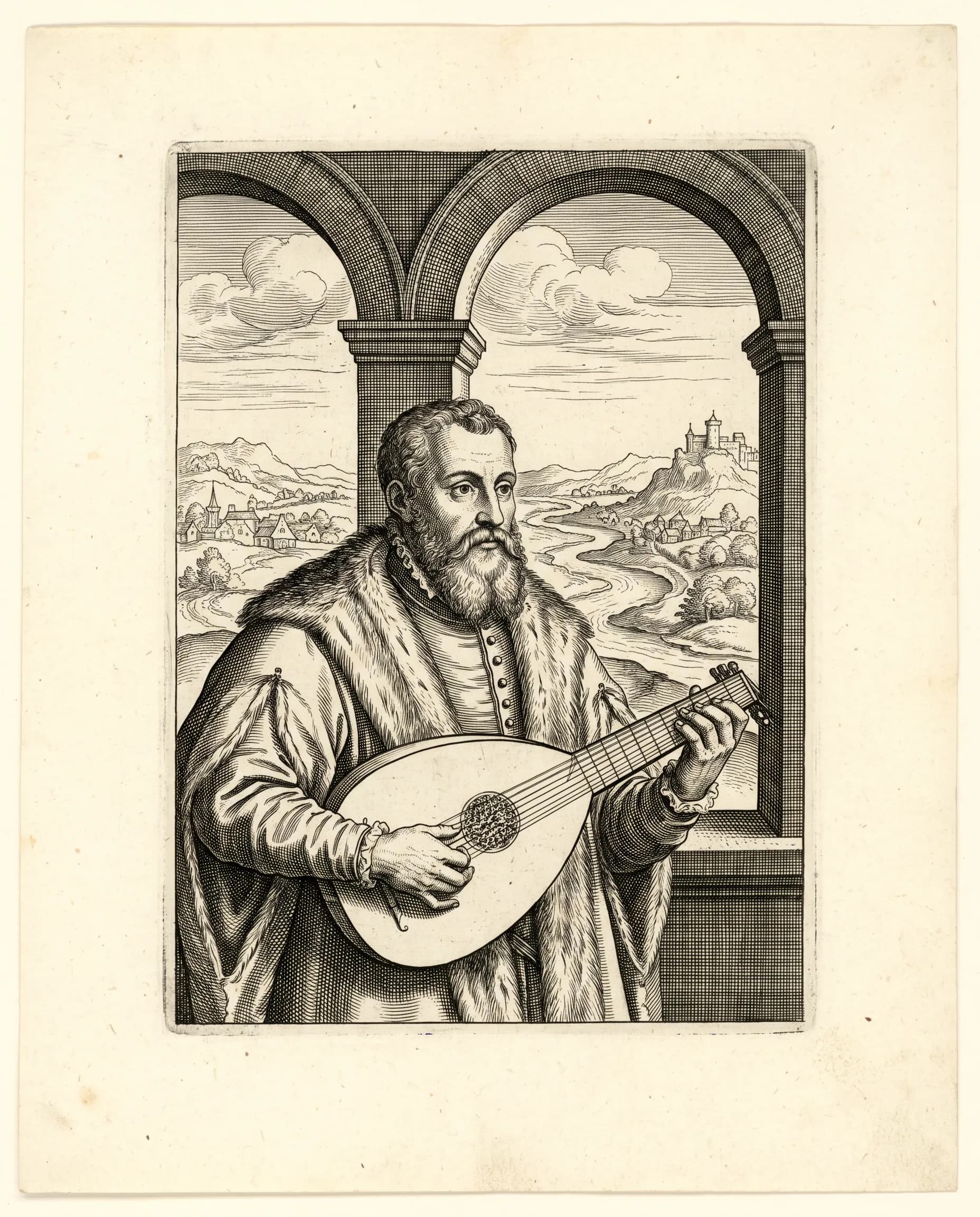 Copperplate engraving of a bearded lute player in a loggia, renaissance art style
