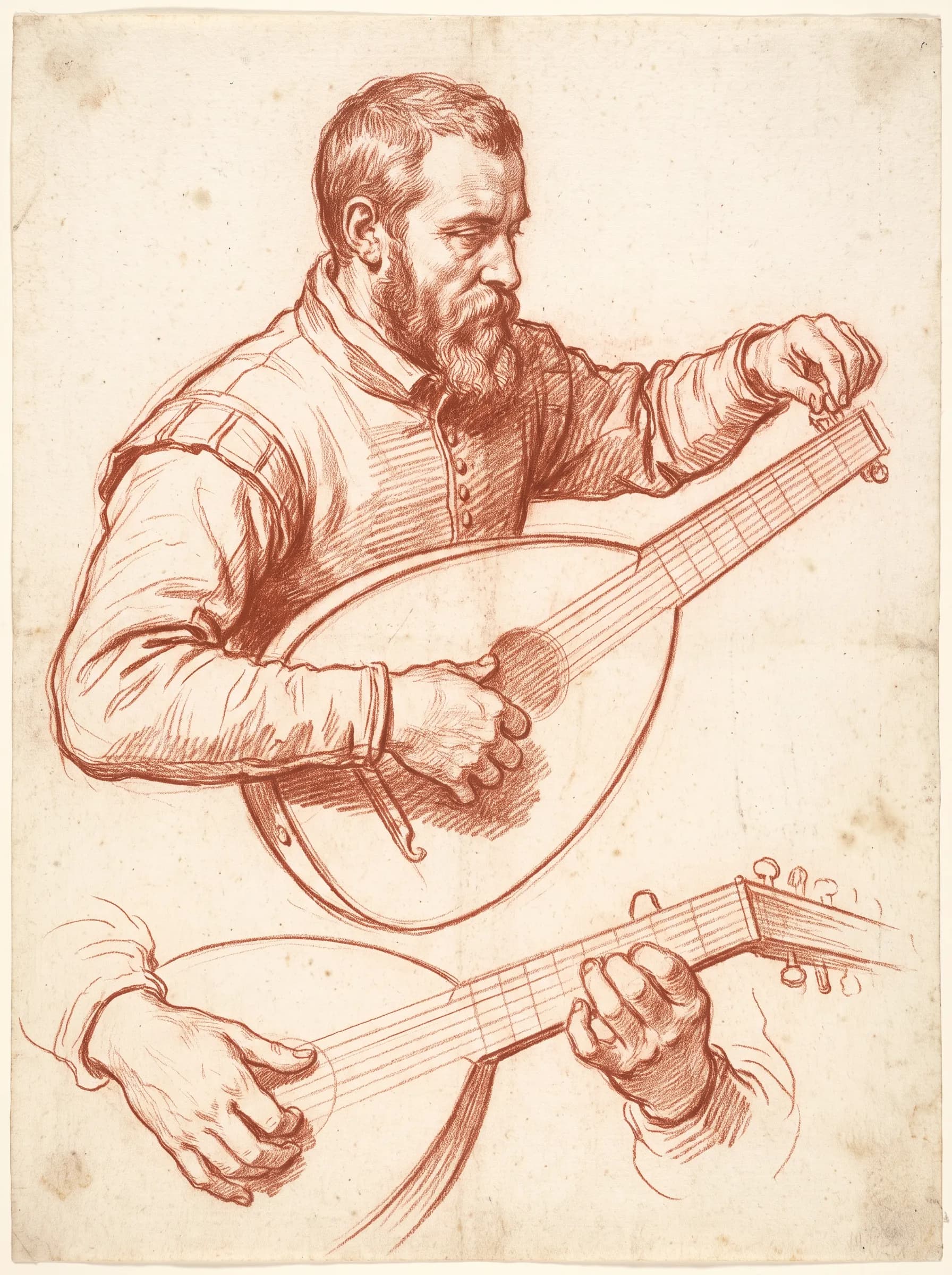 Red chalk drawing of a bearded lute player tuning his instrument, renaissance art style