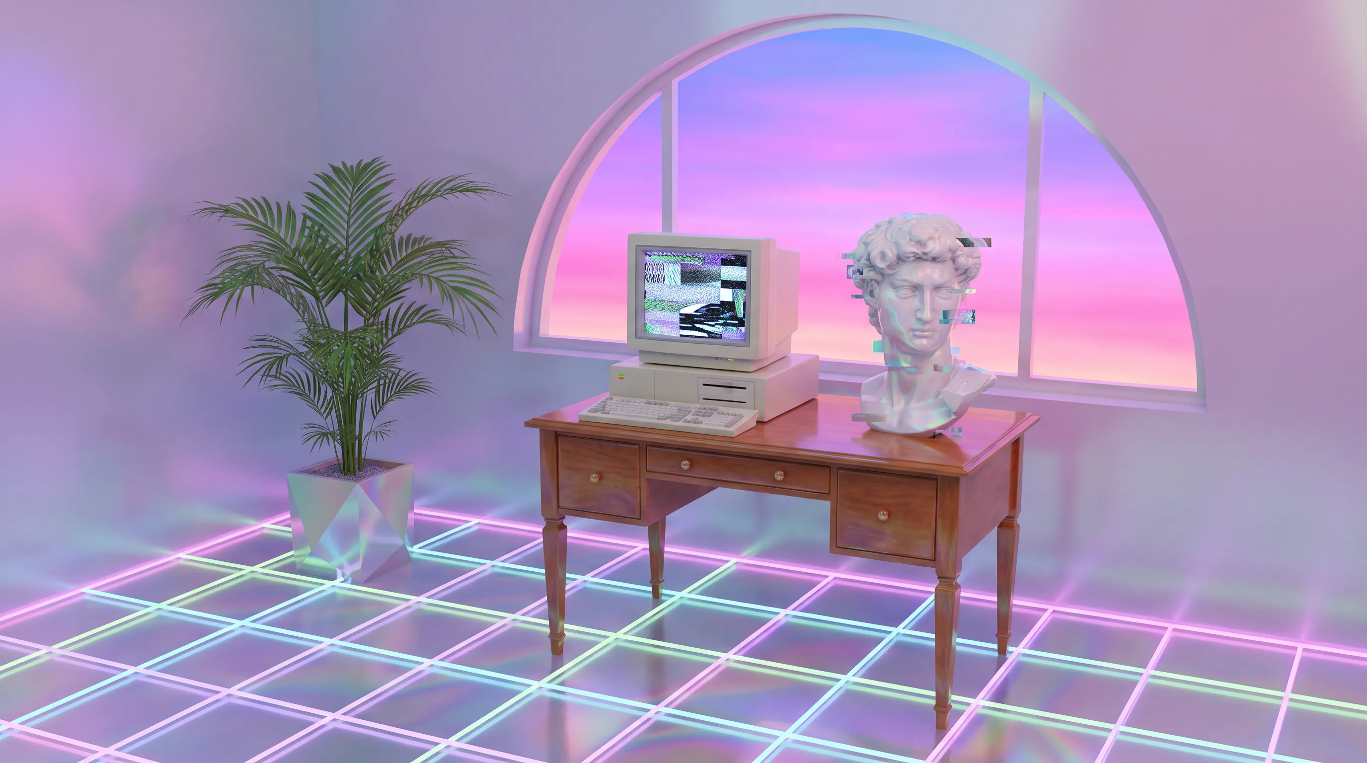 3D render of a writing desk with a box computer and marble bust under a pink window, vaporwave aesthetic art style