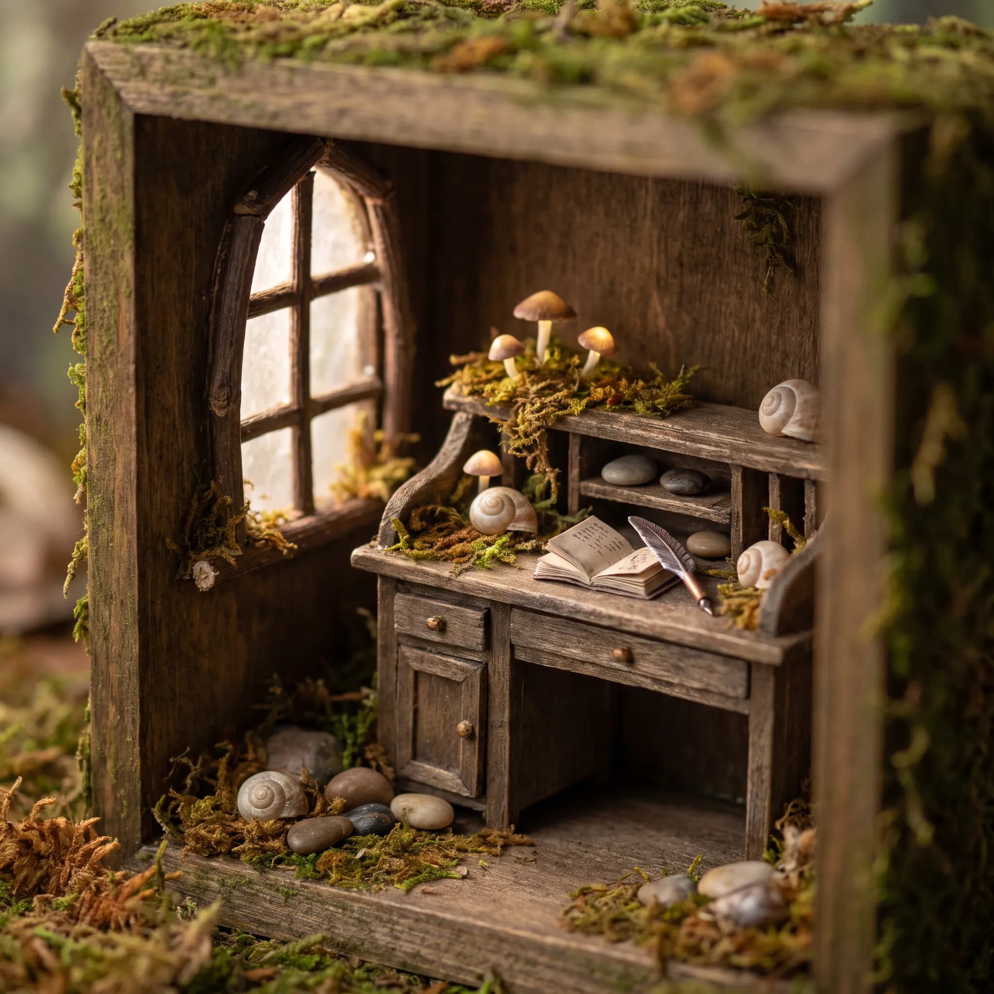 Miniature diorama photo of a moss-covered writing desk with mushrooms under an arched window, goblincore aesthetic art style