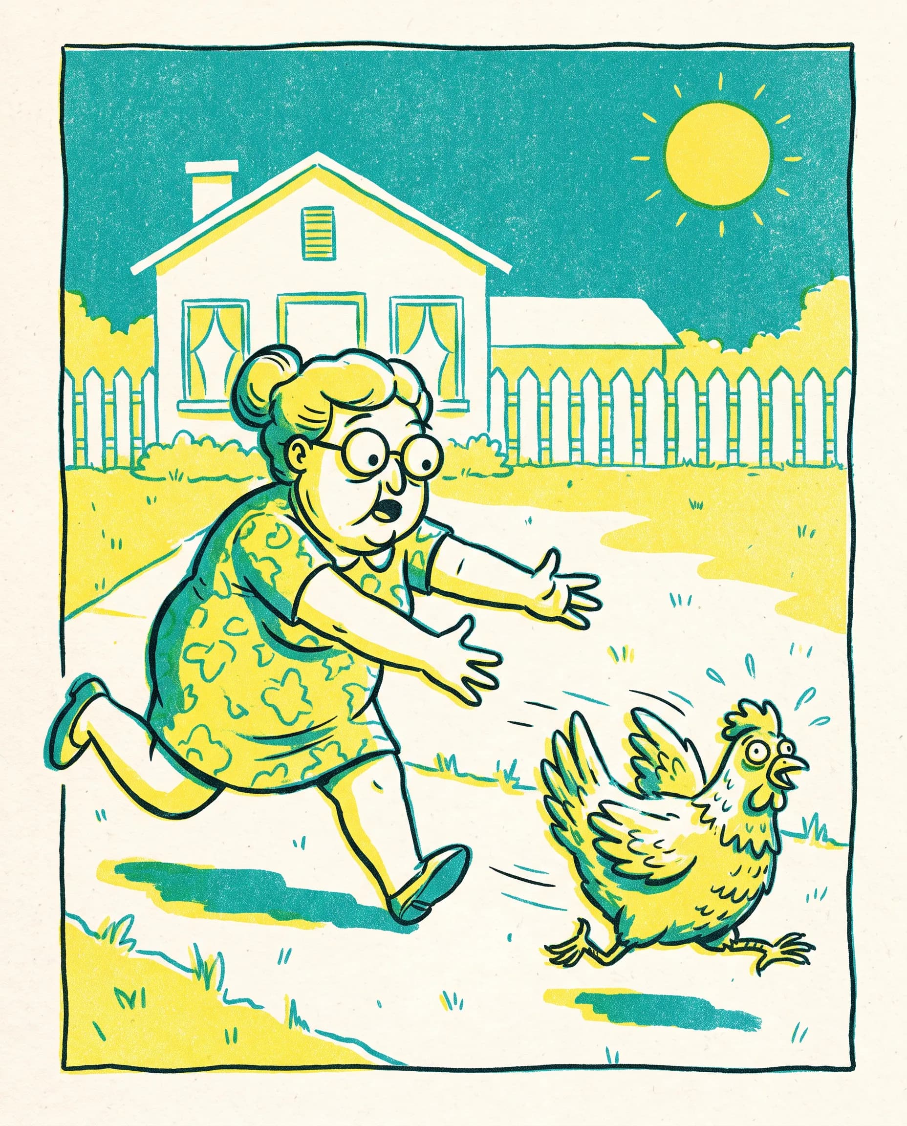 Yellow and teal risograph print of a woman chasing an escaped hen, Simpsons art style