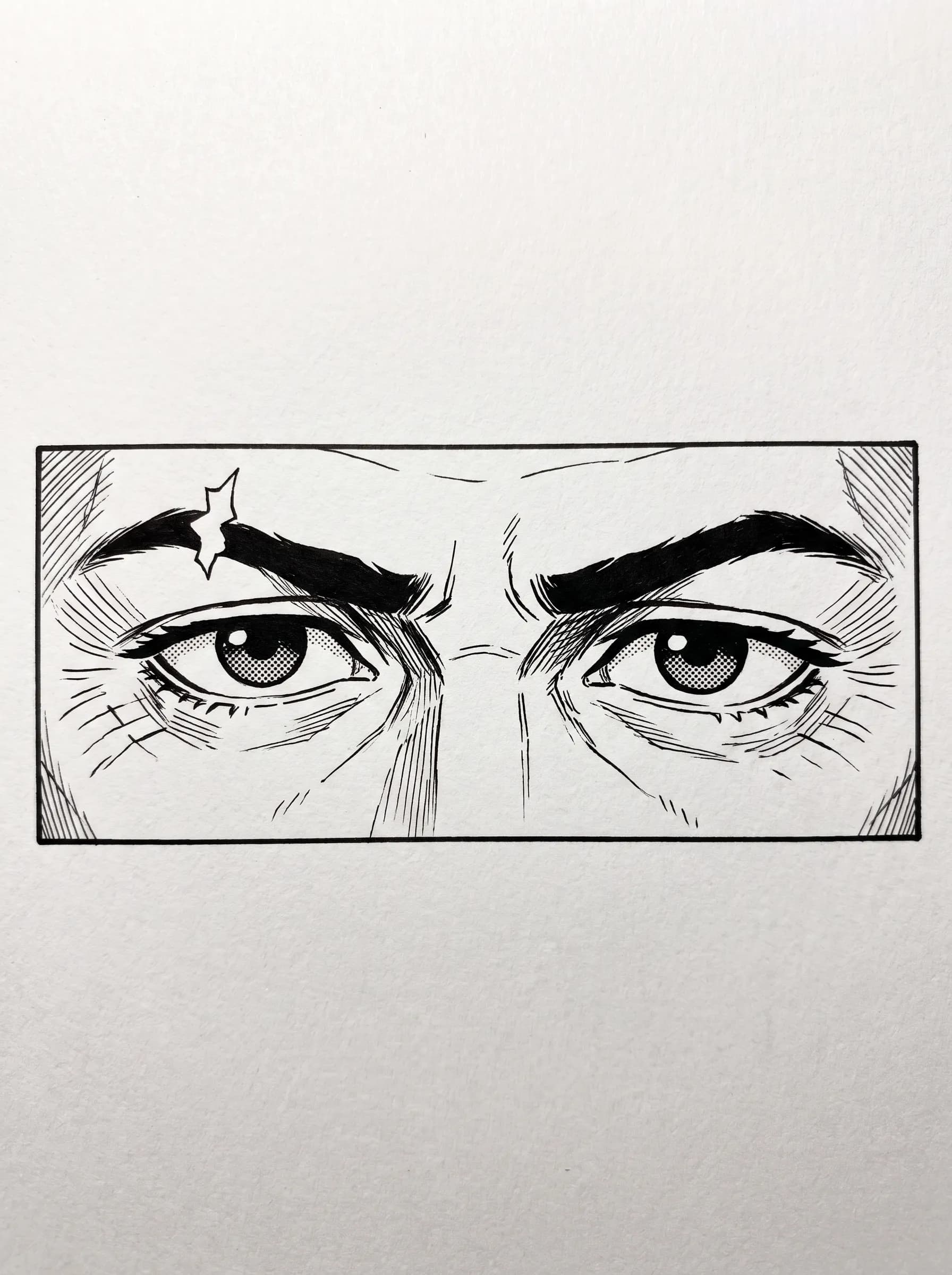 Inked eyes of a man in his forties with screentone irises, manga eye art style