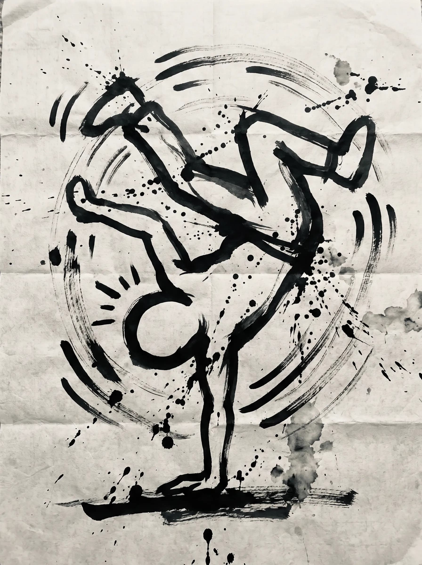 Sumi ink brush drawing of a faceless breakdancer with dripping lines, Keith Haring art style