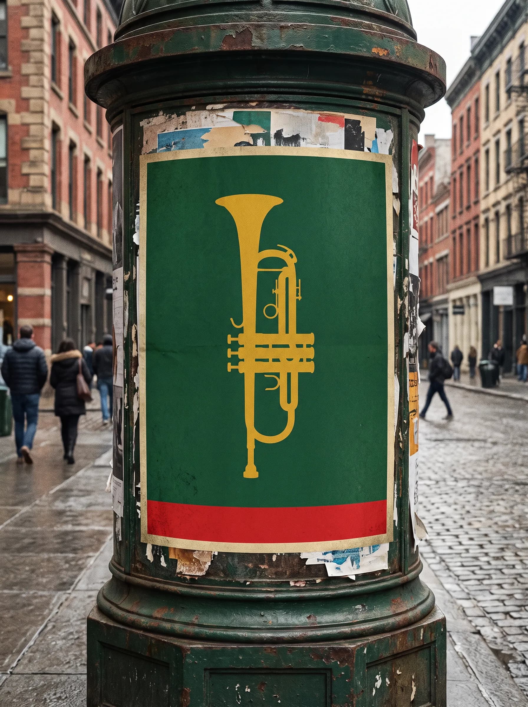 Golden trumpet silhouette on a green Plakatstil poster pasted to an advertising column