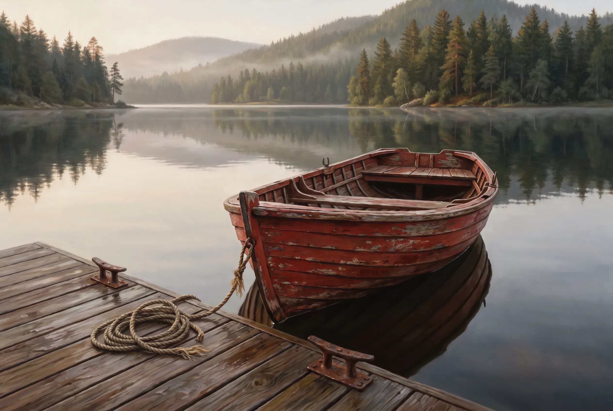 Red rowboat at a lake jetty in a realist oil painting