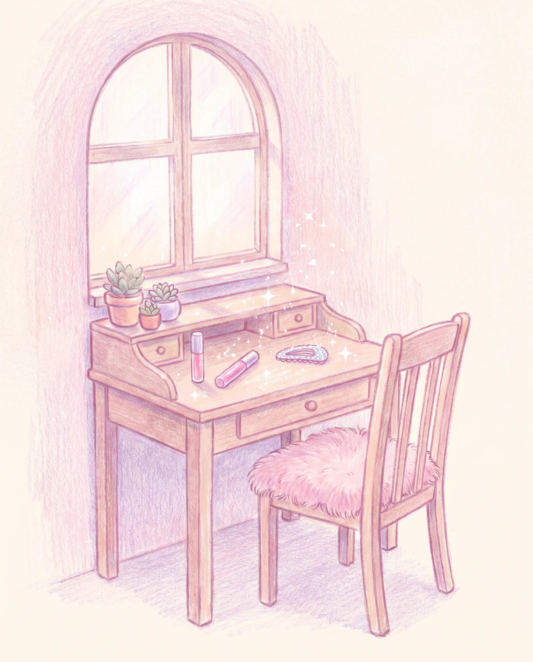 Pastel colored pencil drawing of a writing desk with plants and a sparkly hair clip, soft aesthetic art style