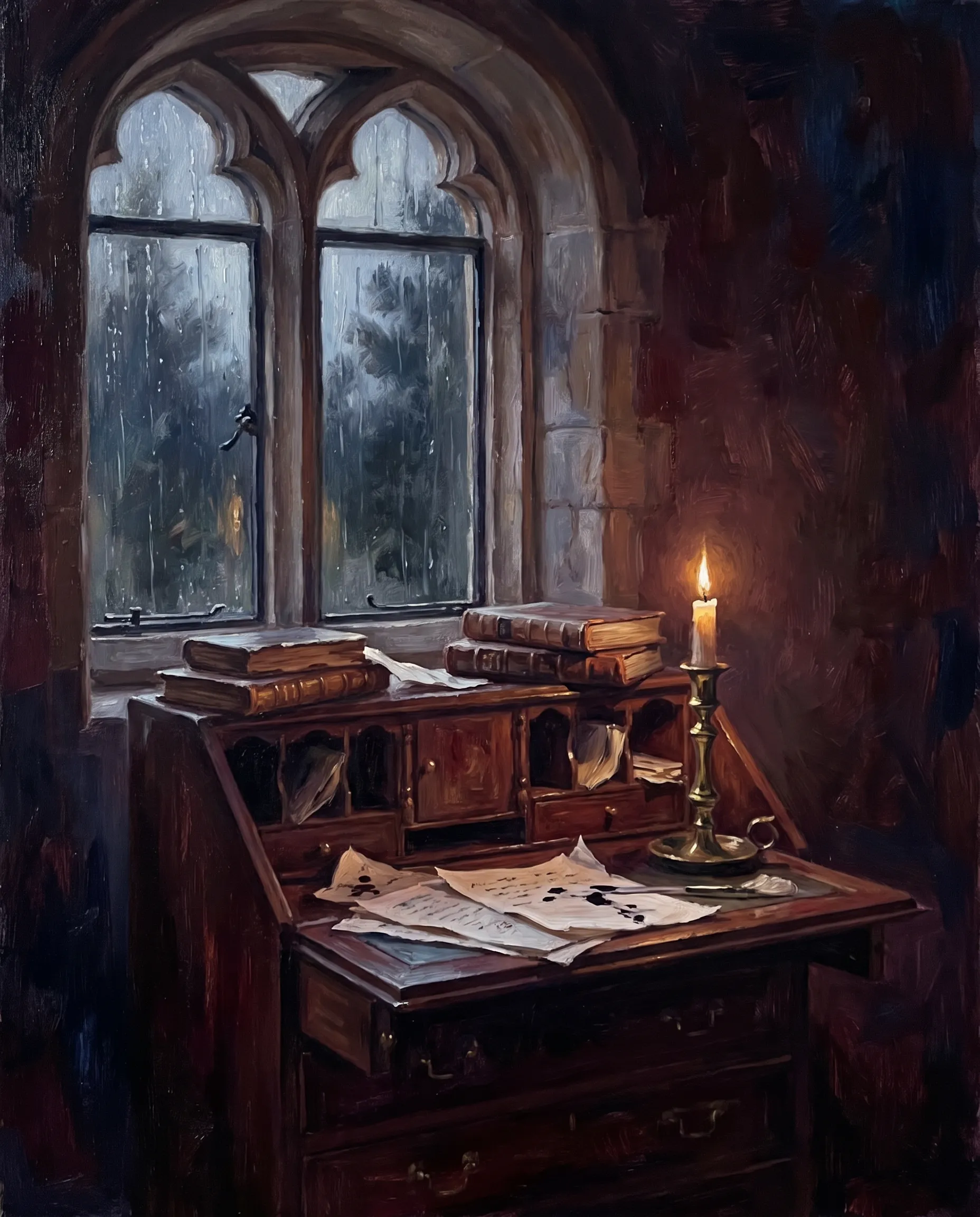 Candlelit oil painting of a writing desk piled with old books under an arched window, dark academia aesthetic art style