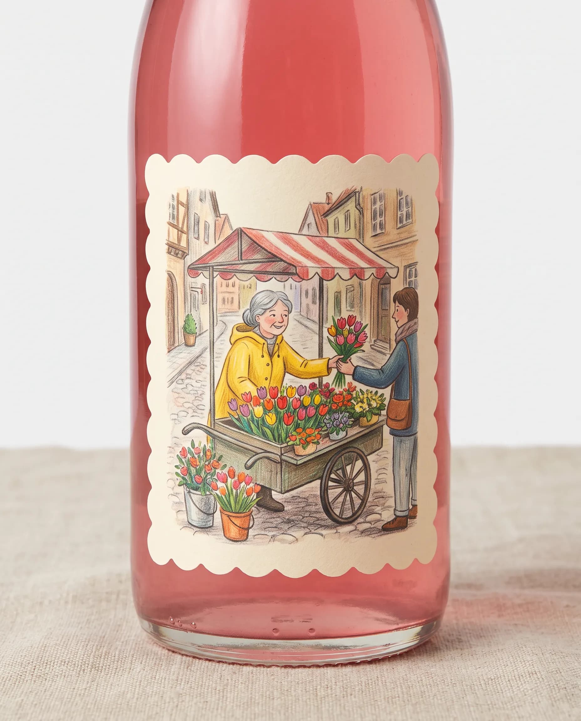 Rose syrup bottle with an illustrated label of a flower seller at a tulip cart, illustrative art style