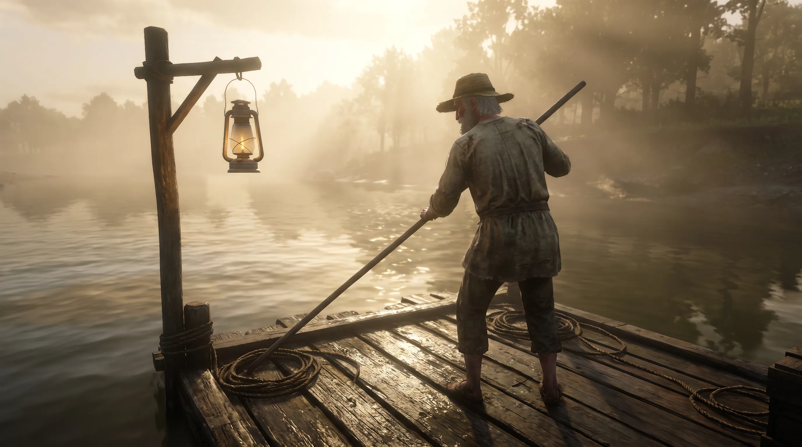 Elderly ferryman poling a raft across a misty river at dawn, photorealistic 3D game art