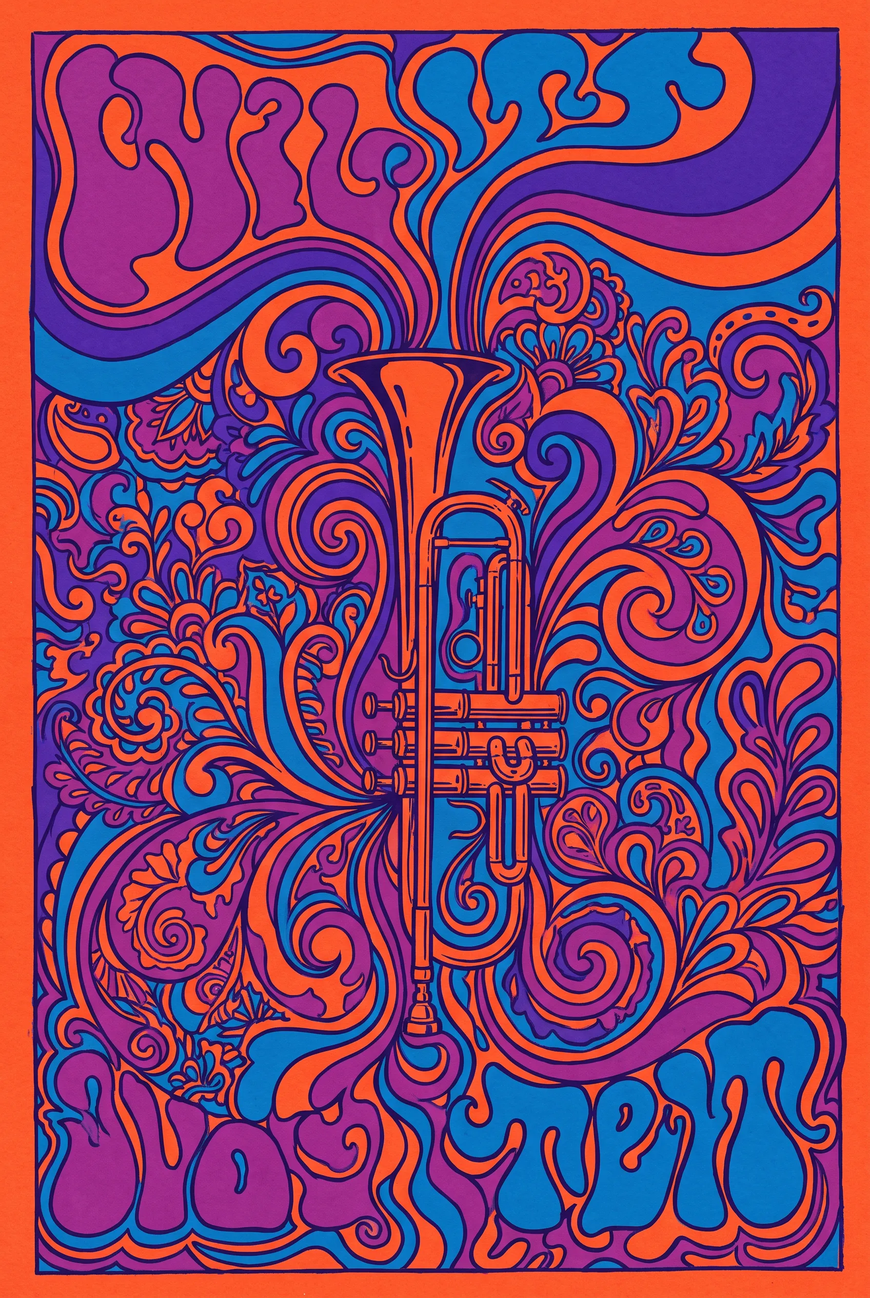 Brass trumpet melting into orange and violet swirls, psychedelic rock poster style