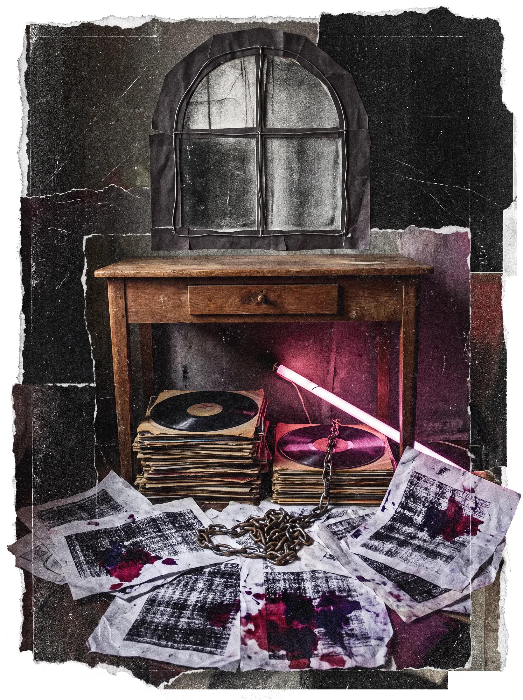 Mixed-media collage of a writing desk with vinyl records and a chain under an arched window, grunge aesthetic art style