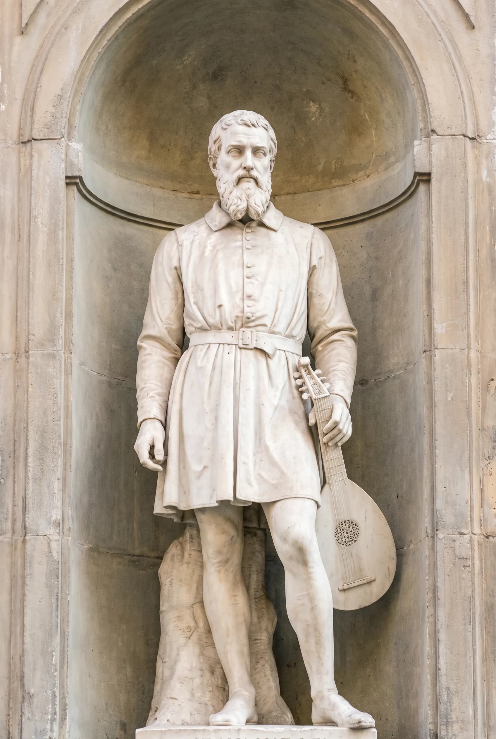 White marble statue of a bearded lute player standing in contrapposto, renaissance art style