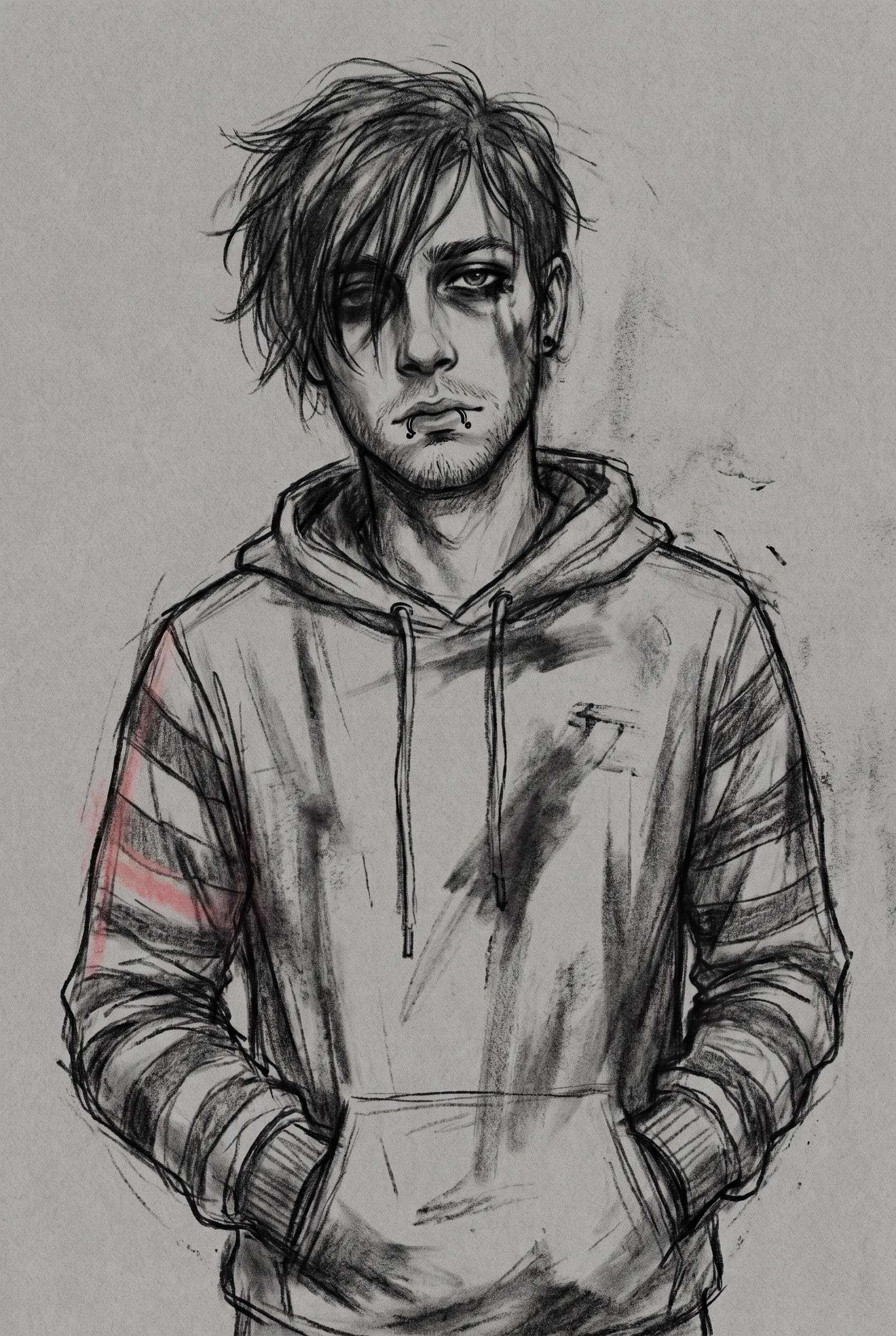 Charcoal drawing of a stubbled man with smudged eyeliner and hands in his sleeves, emo art style