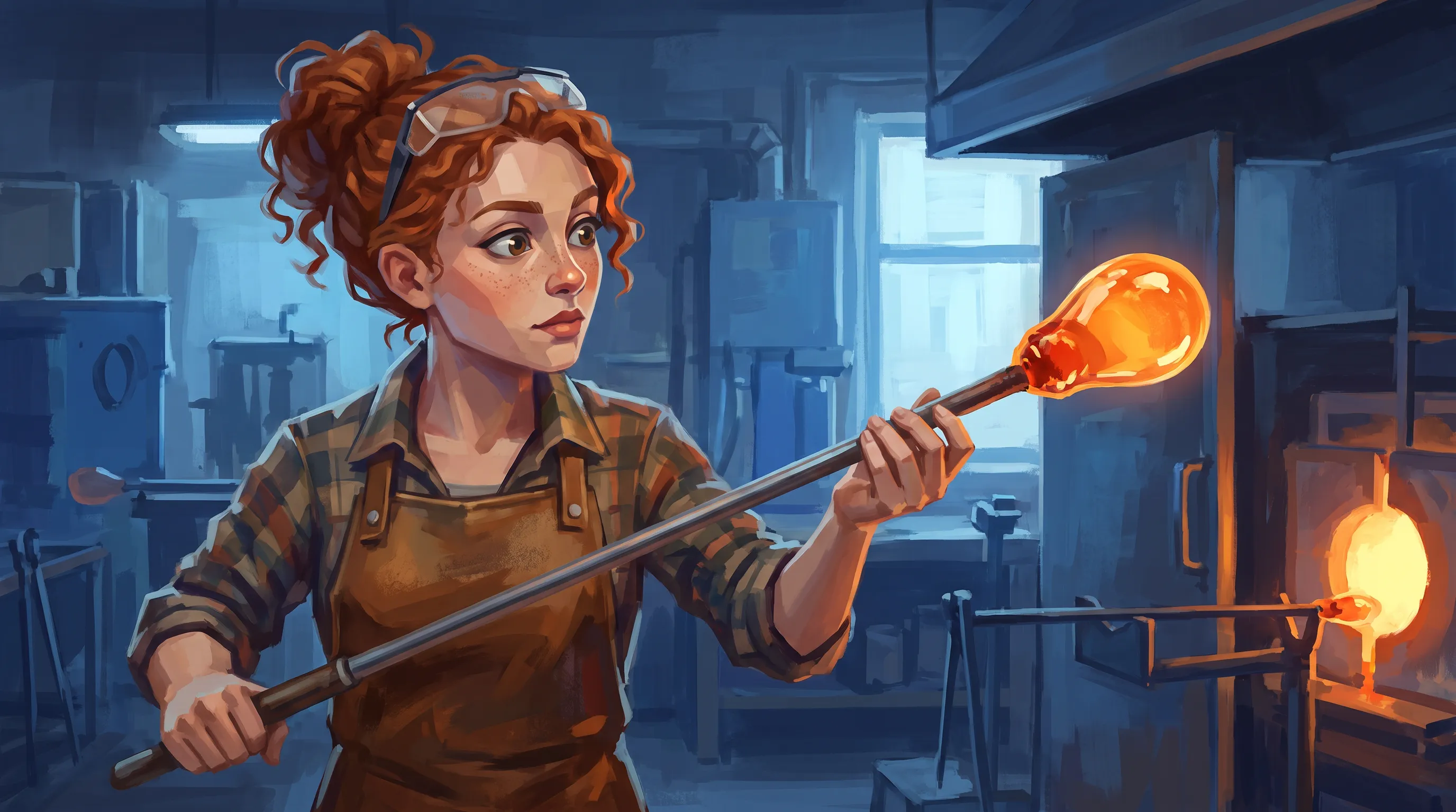 Glassblower in her late thirties turning molten glass by furnace light, semi-realistic digital painting style