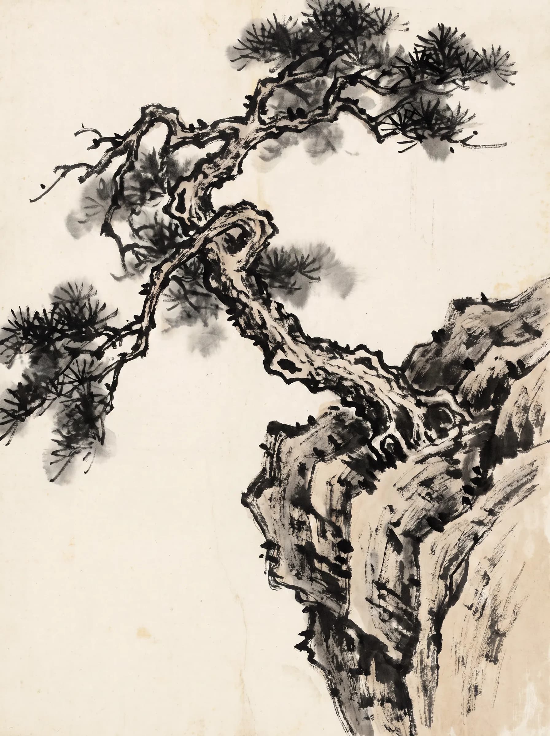 Twisted pine leaning from a cliff in loose black ink brushwork, xieyi Chinese art style