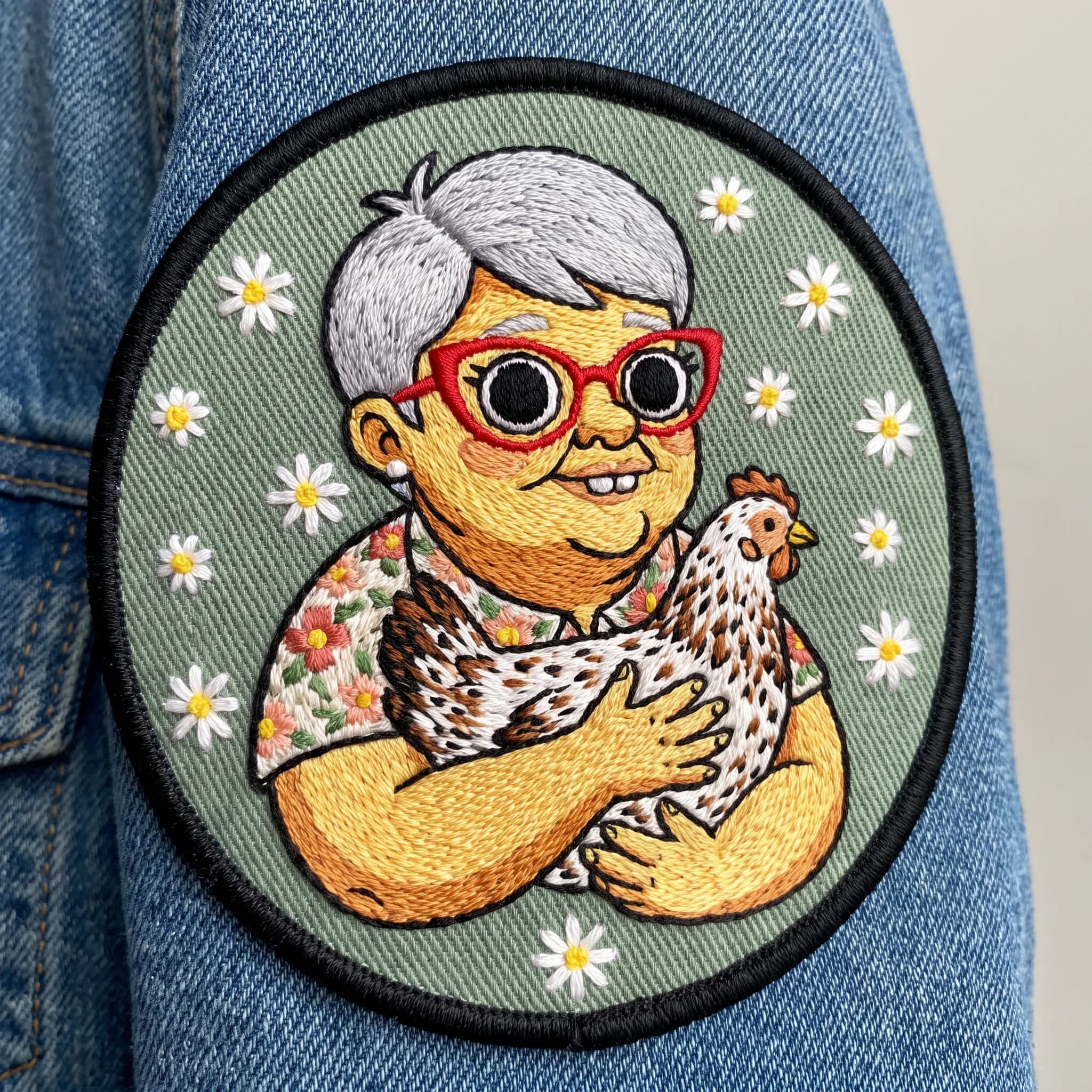 Embroidered patch of a woman in cat-eye glasses hugging a speckled hen, Simpsons art style