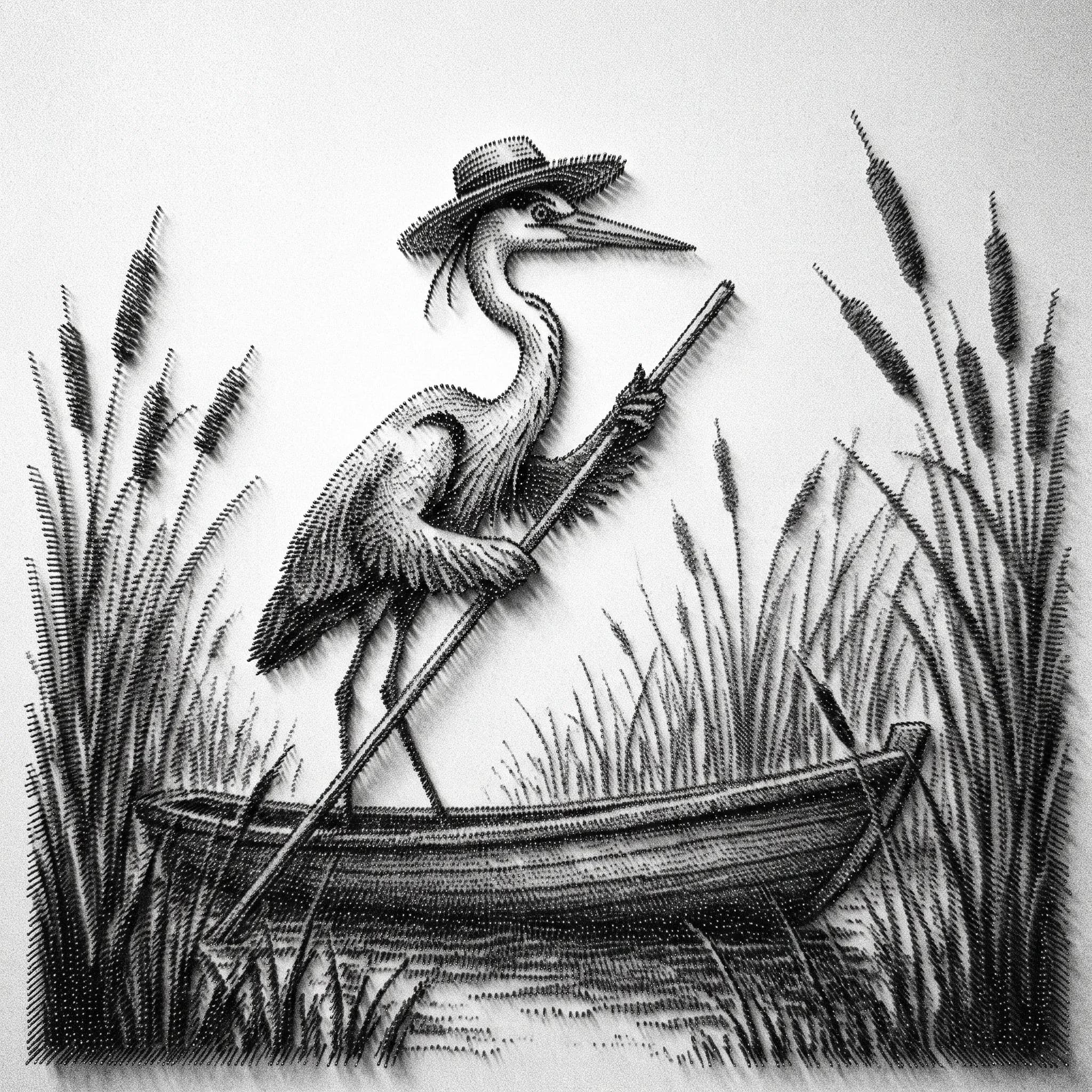 Monochrome heron ferryman made of pin shadows, pinscreen animated art style