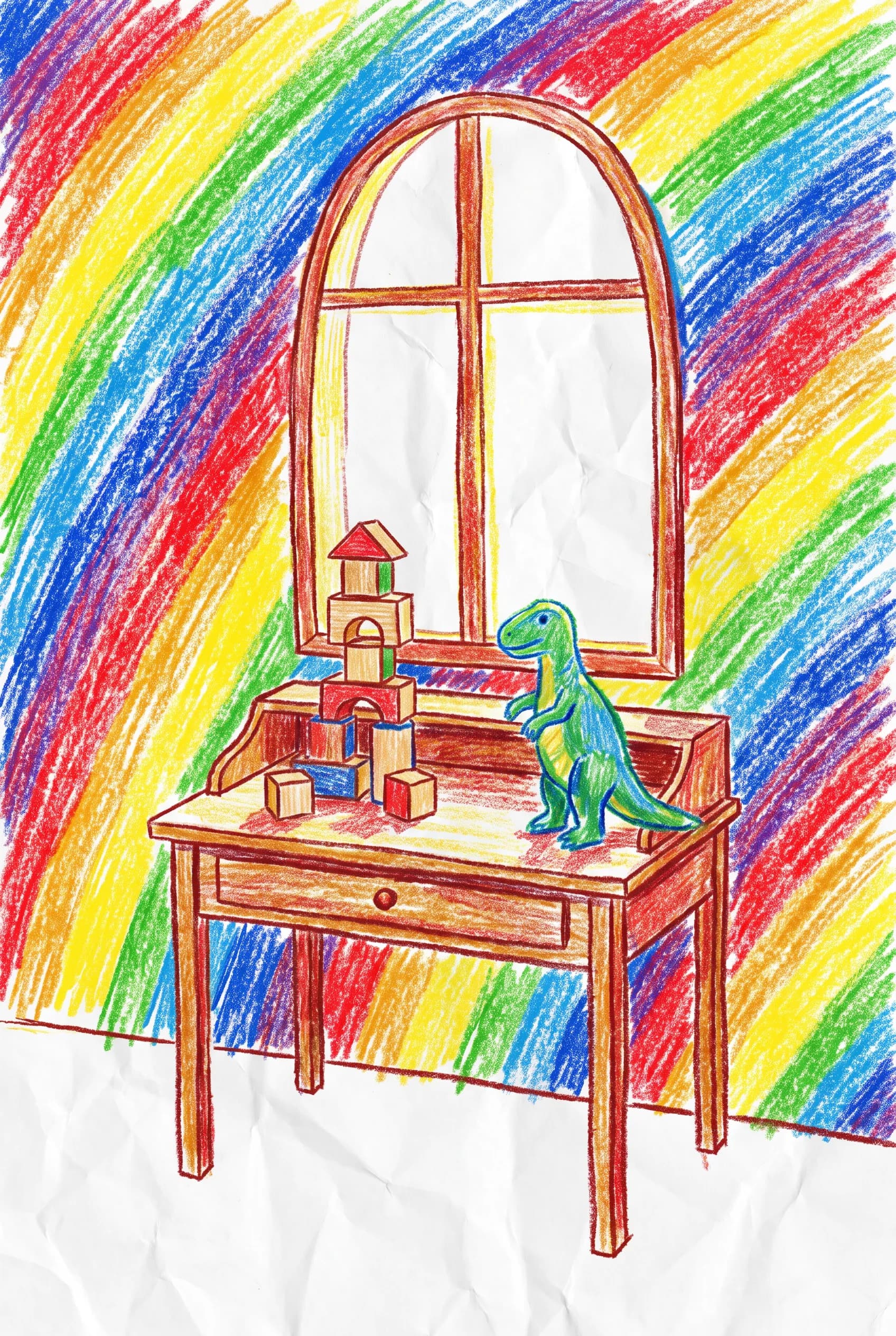 Crayon drawing of a writing desk with building blocks and a toy dinosaur in primary colors, kidcore aesthetic art style