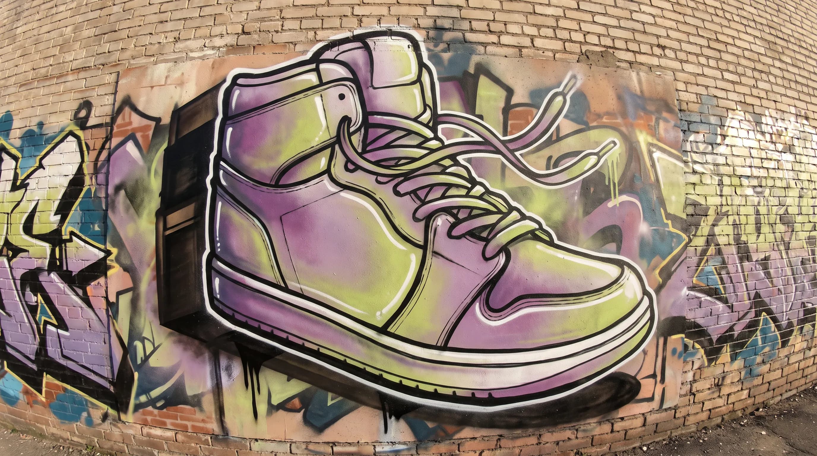 Chunky high-top sneaker painted as a spray-paint mural on a brick wall, graffiti art style