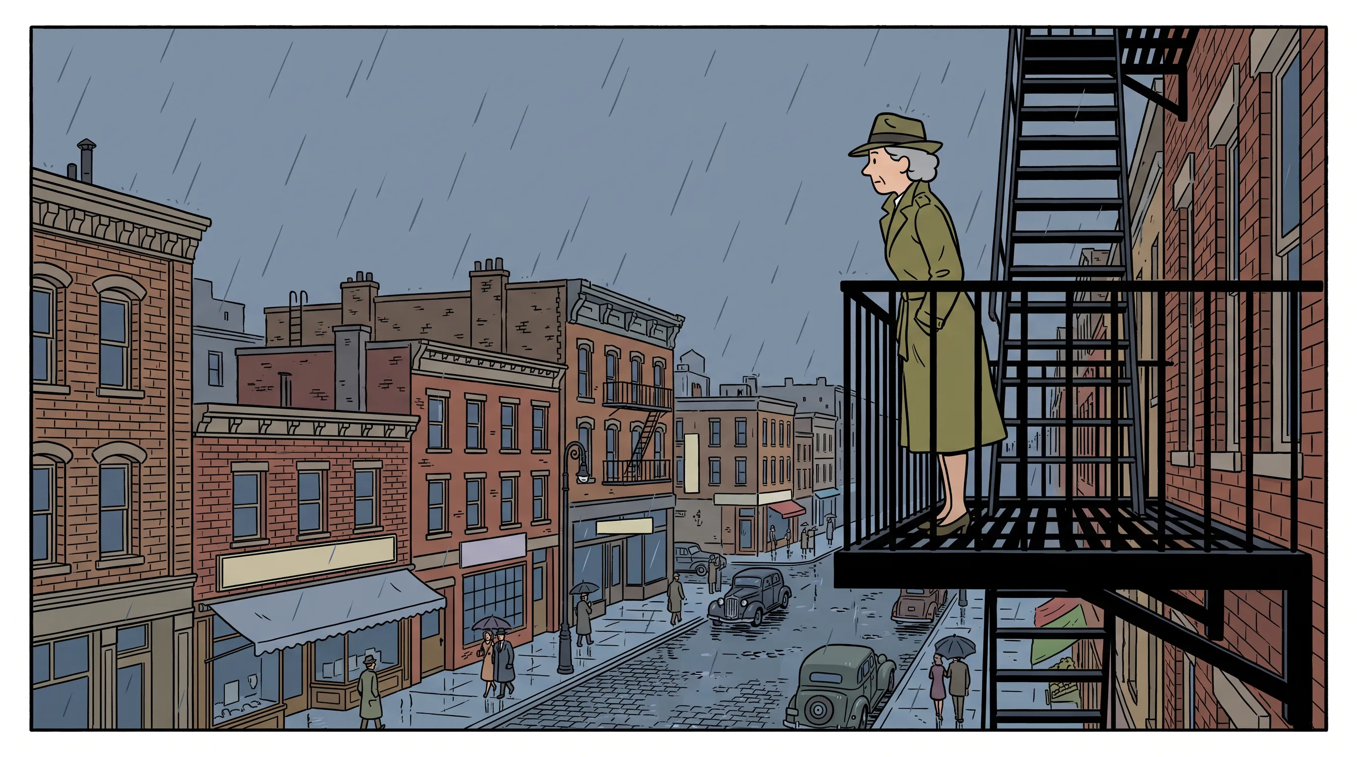 Gray-haired detective on a fire escape above a rainy street in ligne claire comic style