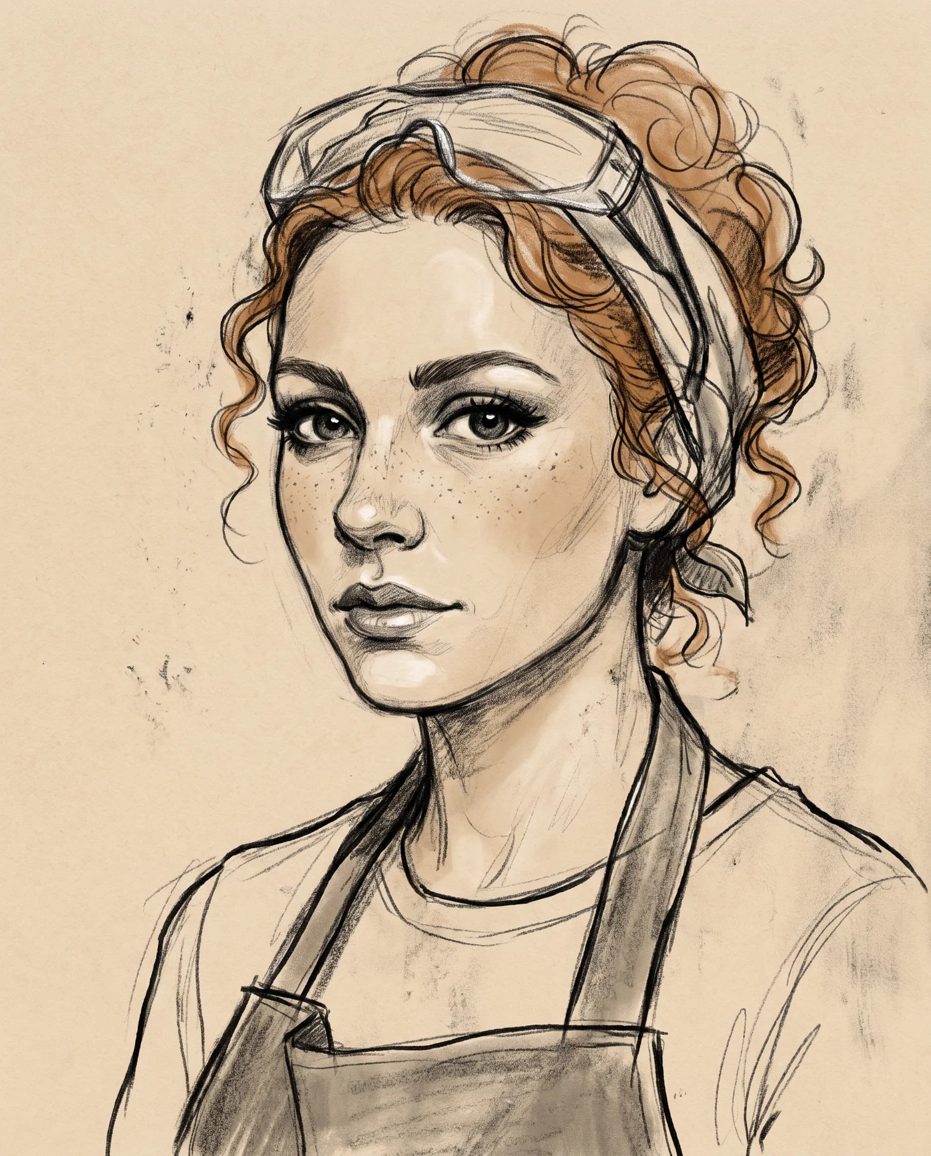 Portrait of a freckled glassblower in graphite and charcoal, semi-realistic drawing style