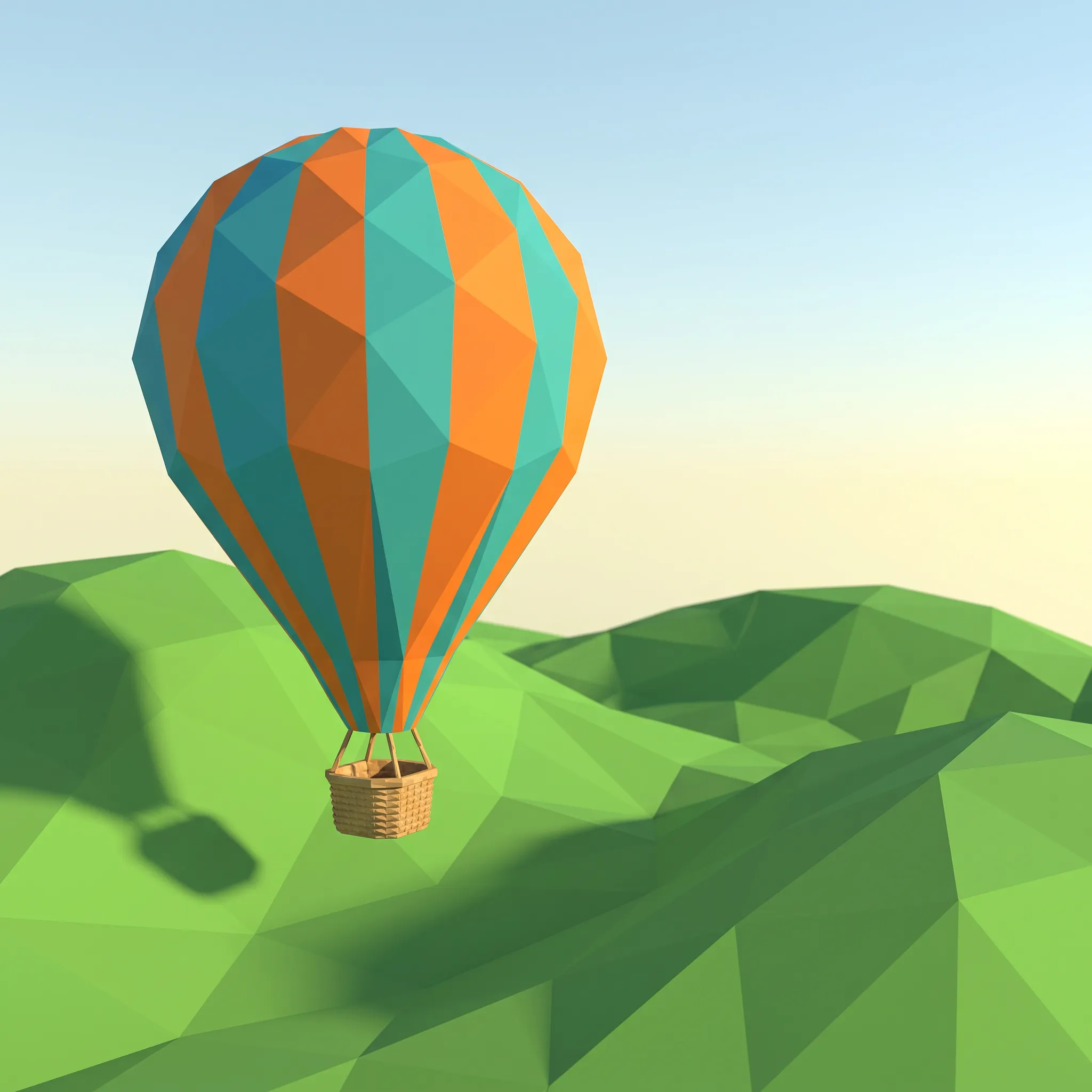 Faceted orange and teal hot air balloon over angular hills, low poly 3D art style