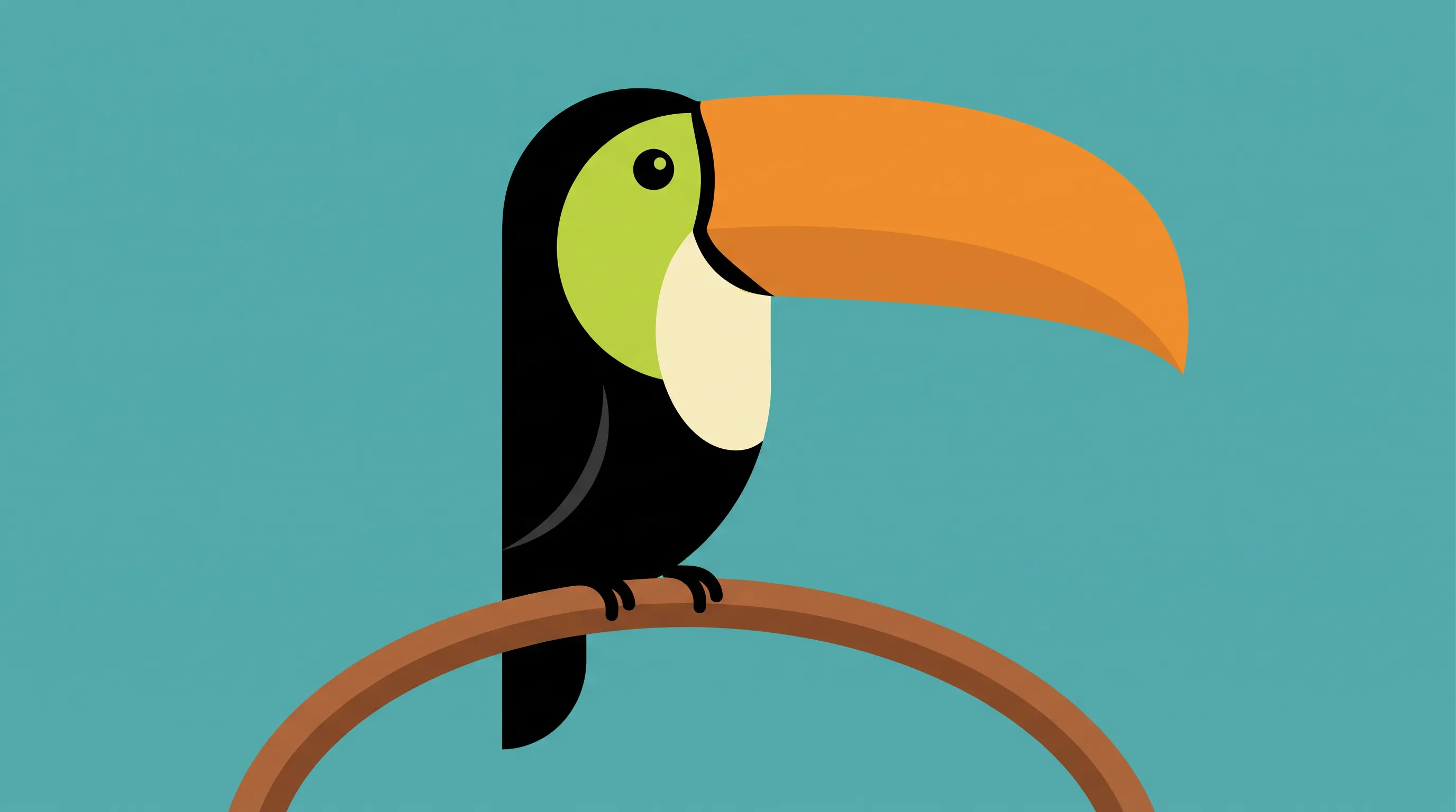 Flat vector illustration of a toucan with an orange bill on a curved branch, vector art style