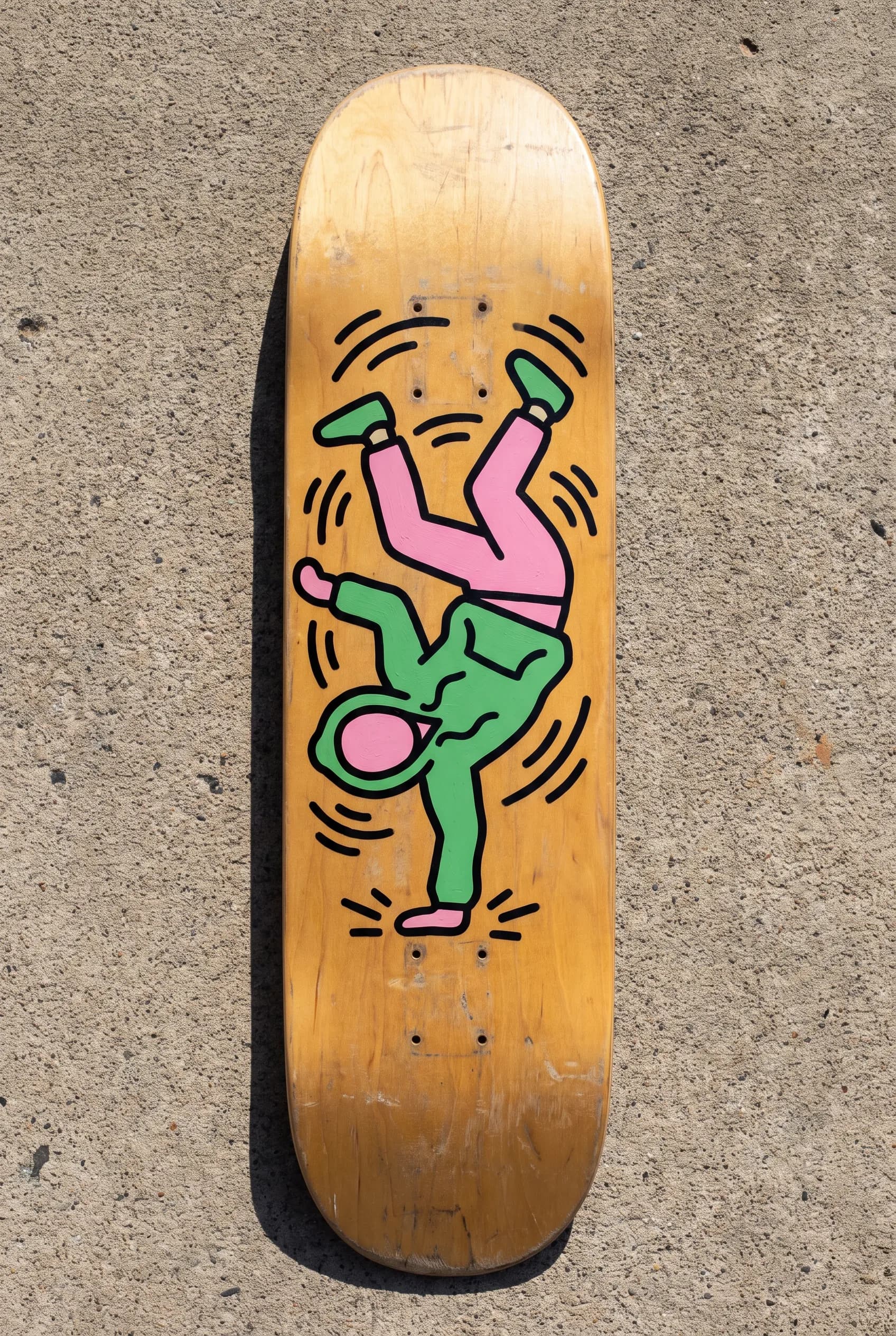 Skateboard deck painted with a green and pink breakdancer, Keith Haring art style