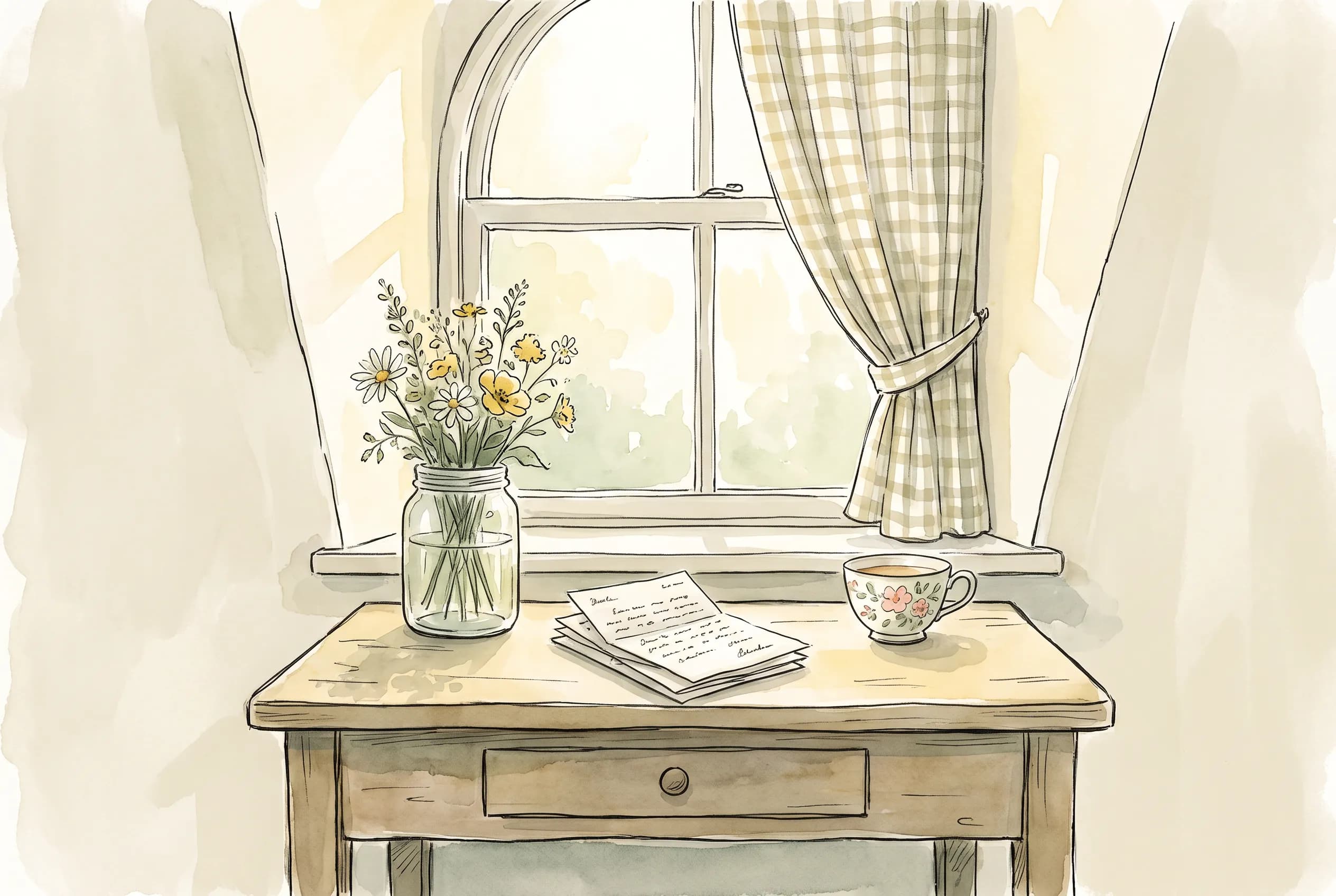 Watercolor of a wooden writing desk with wildflowers and letters under an arched window, cottagecore aesthetic art style