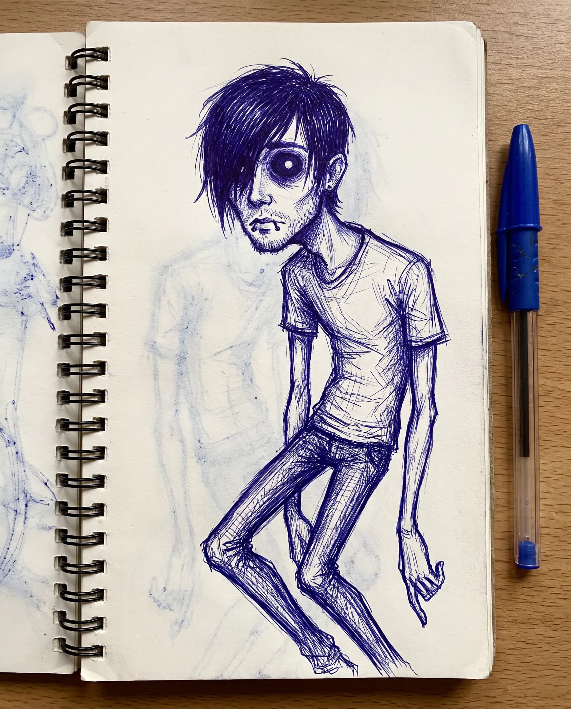 Blue ballpoint sketchbook drawing of a stubbled man with hollow eyes and a black fringe, emo art style