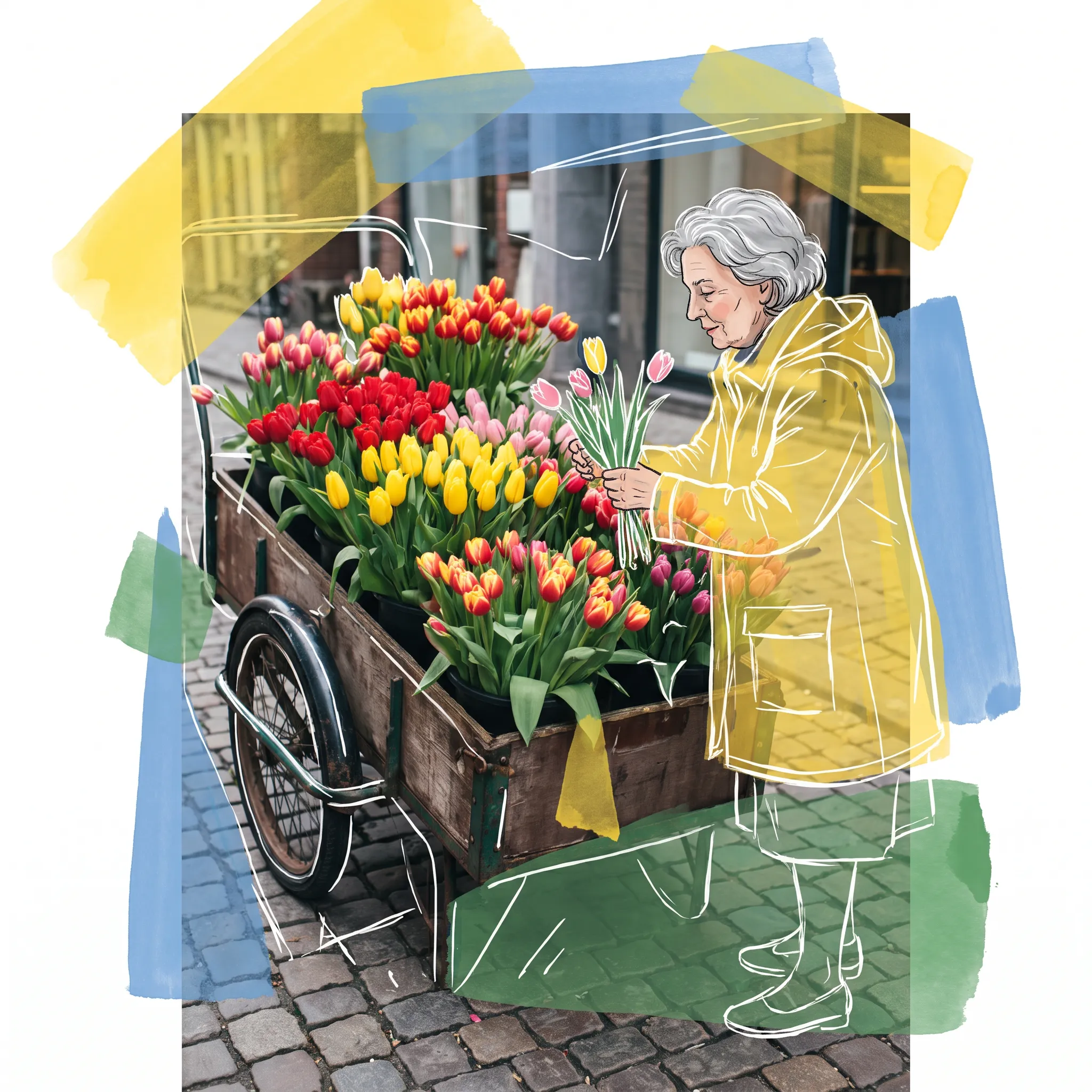 Photo of a tulip cart with a drawn flower seller layered on top, mixed-media illustrative art style