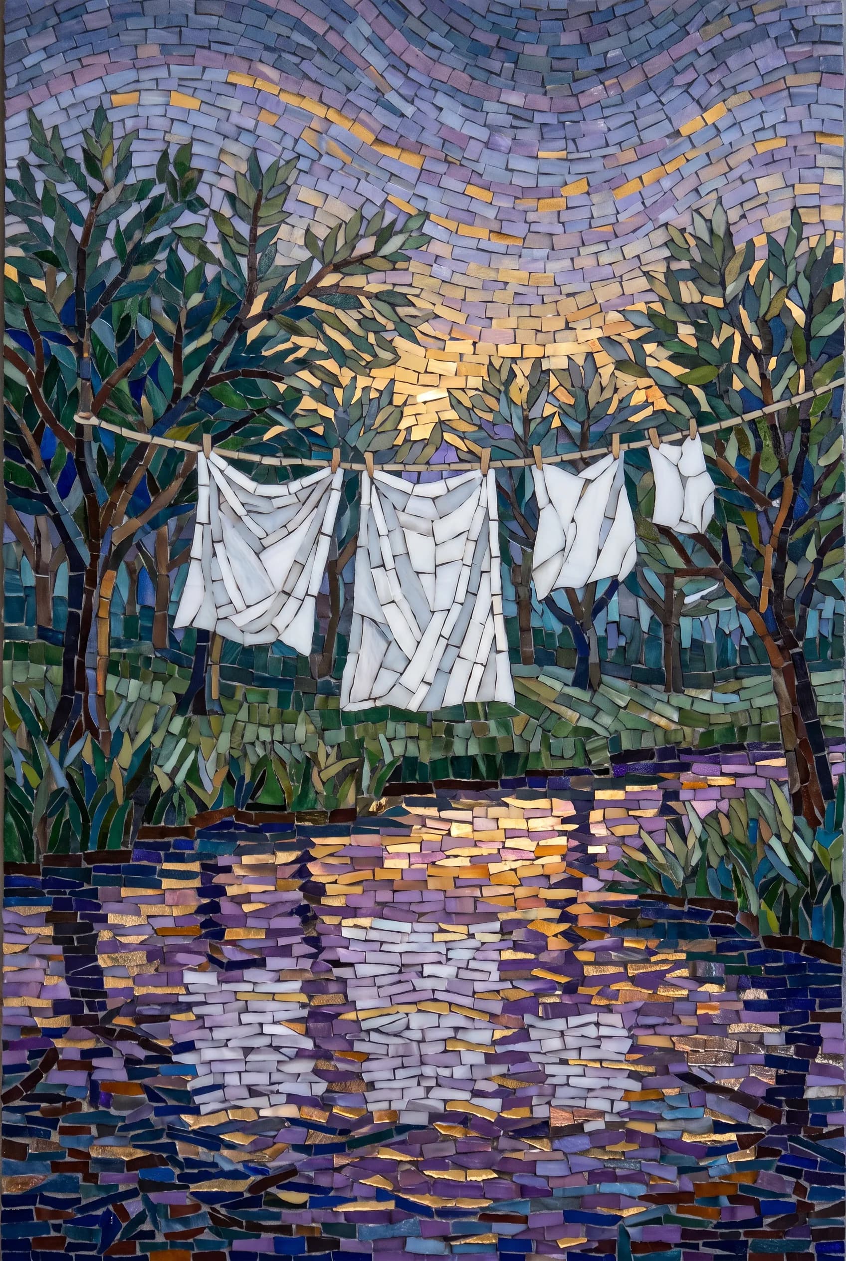 Glass mosaic of sheets on a line in a riverside orchard at dusk, Claude Monet art style