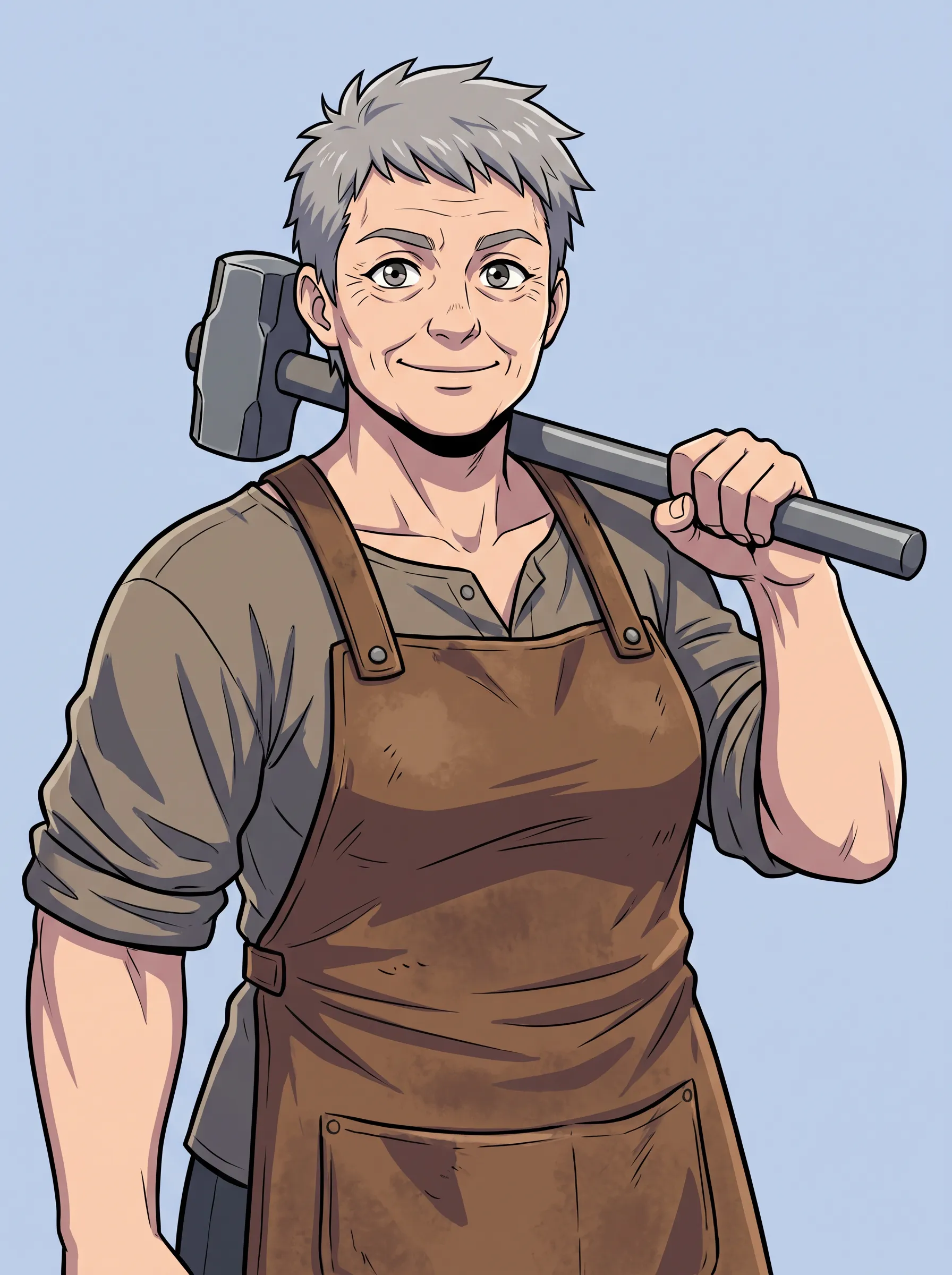 Blacksmith with a hammer on her shoulder in an anime character art style