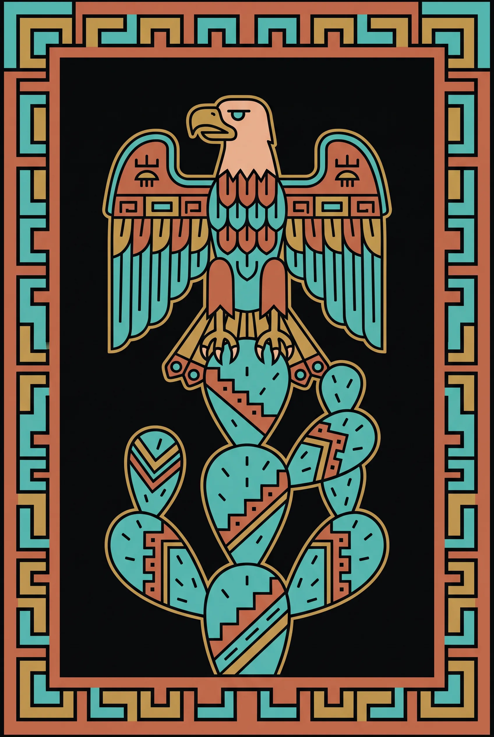Flat vector poster of an eagle on a nopal cactus in turquoise and terracotta, inspired by Aztec art style