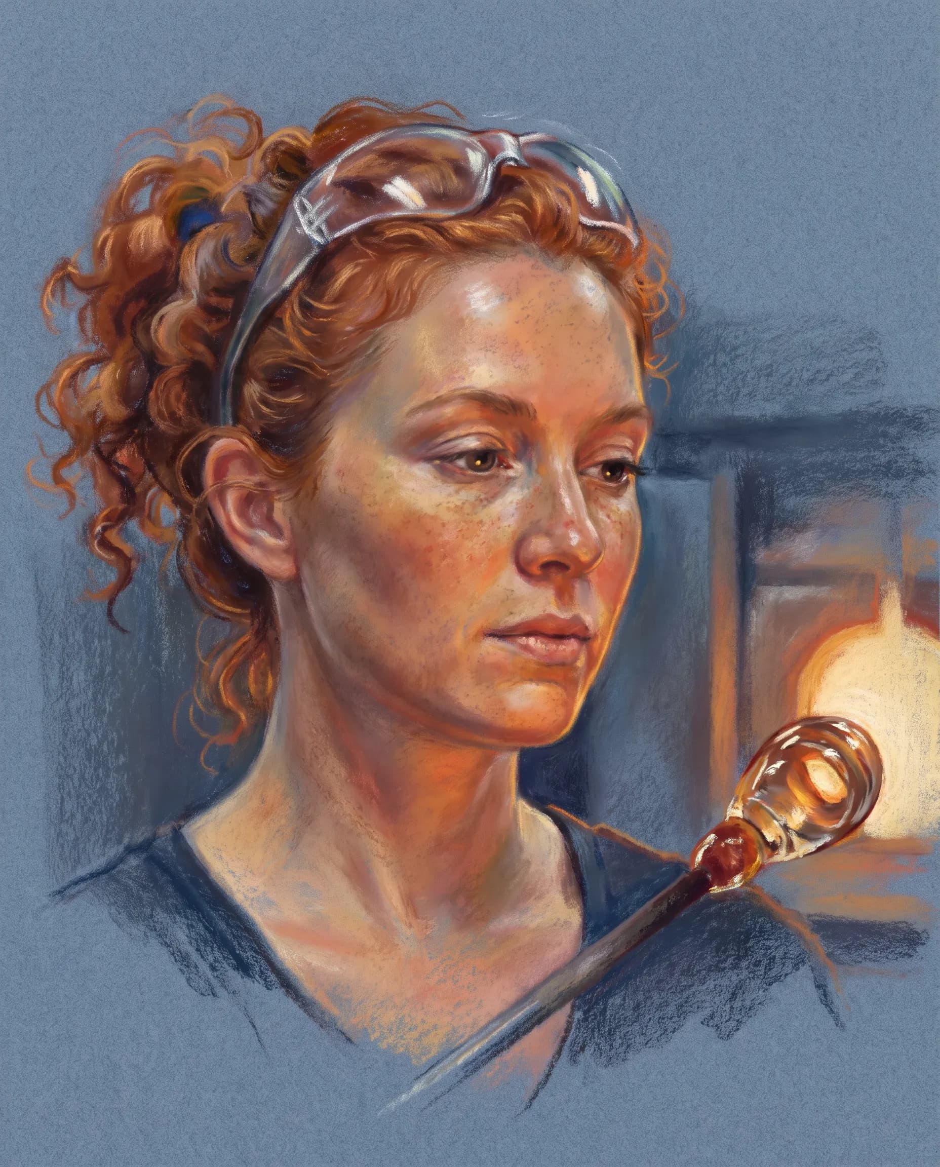 Glassblower lit by furnace glow in soft pastel, semi-realistic pastel portrait style