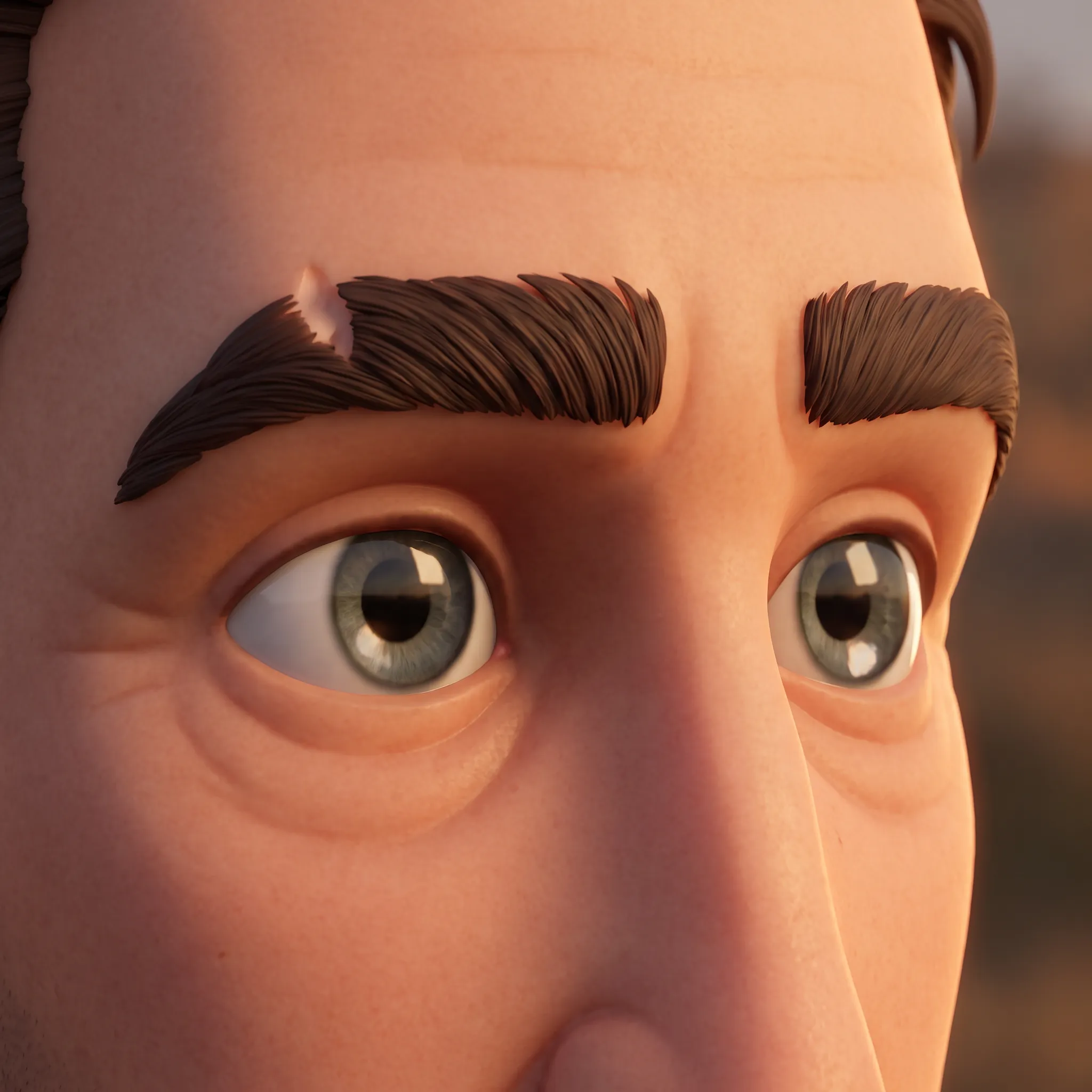 Glossy eyes of a man in his forties in a 3D render, animated feature eye art style